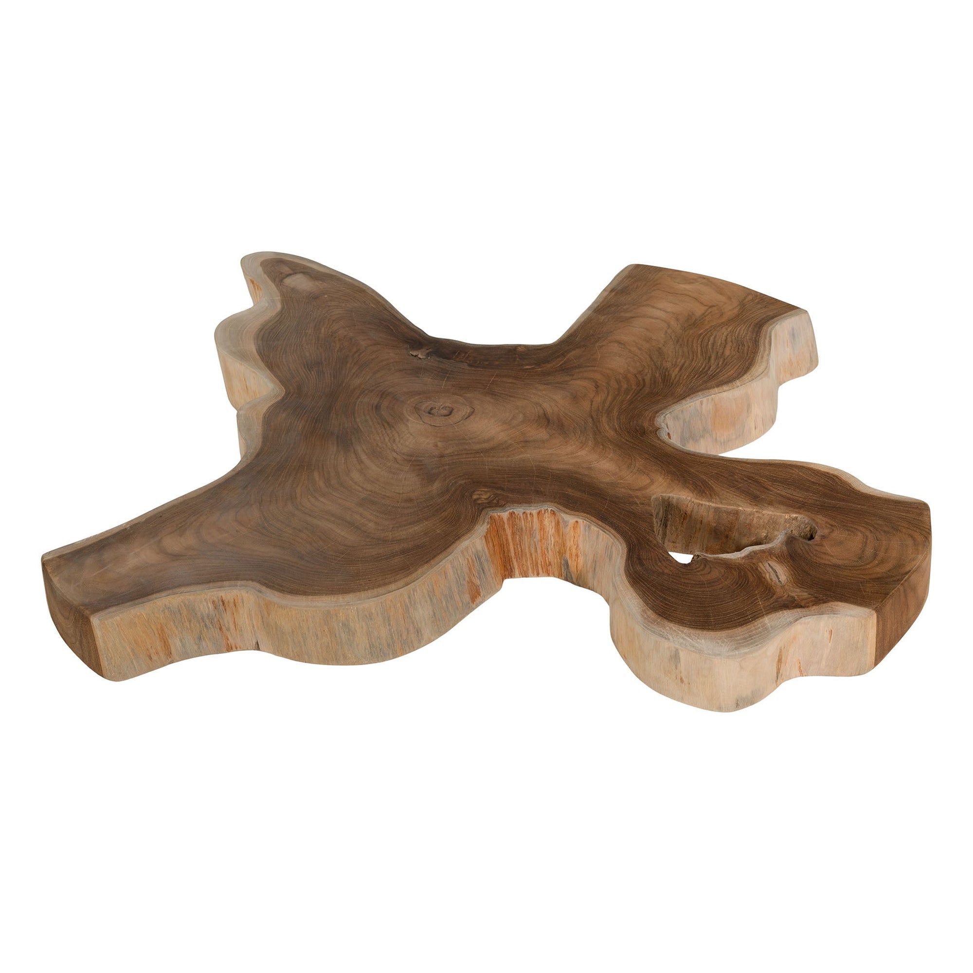 Koro serving board in teak featuring natural edge detail and rich organic wood grain.