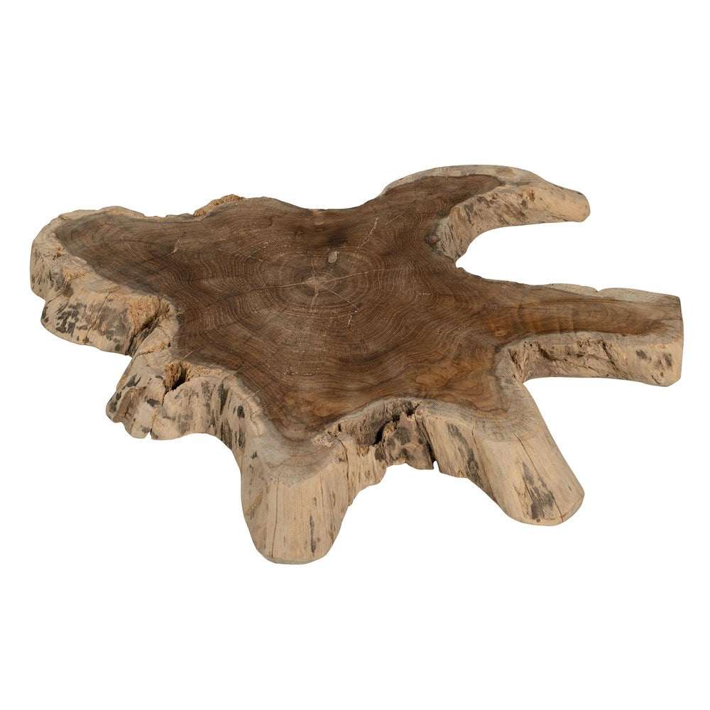 Koro serving board in teak featuring natural edge detail and rich organic wood grain.