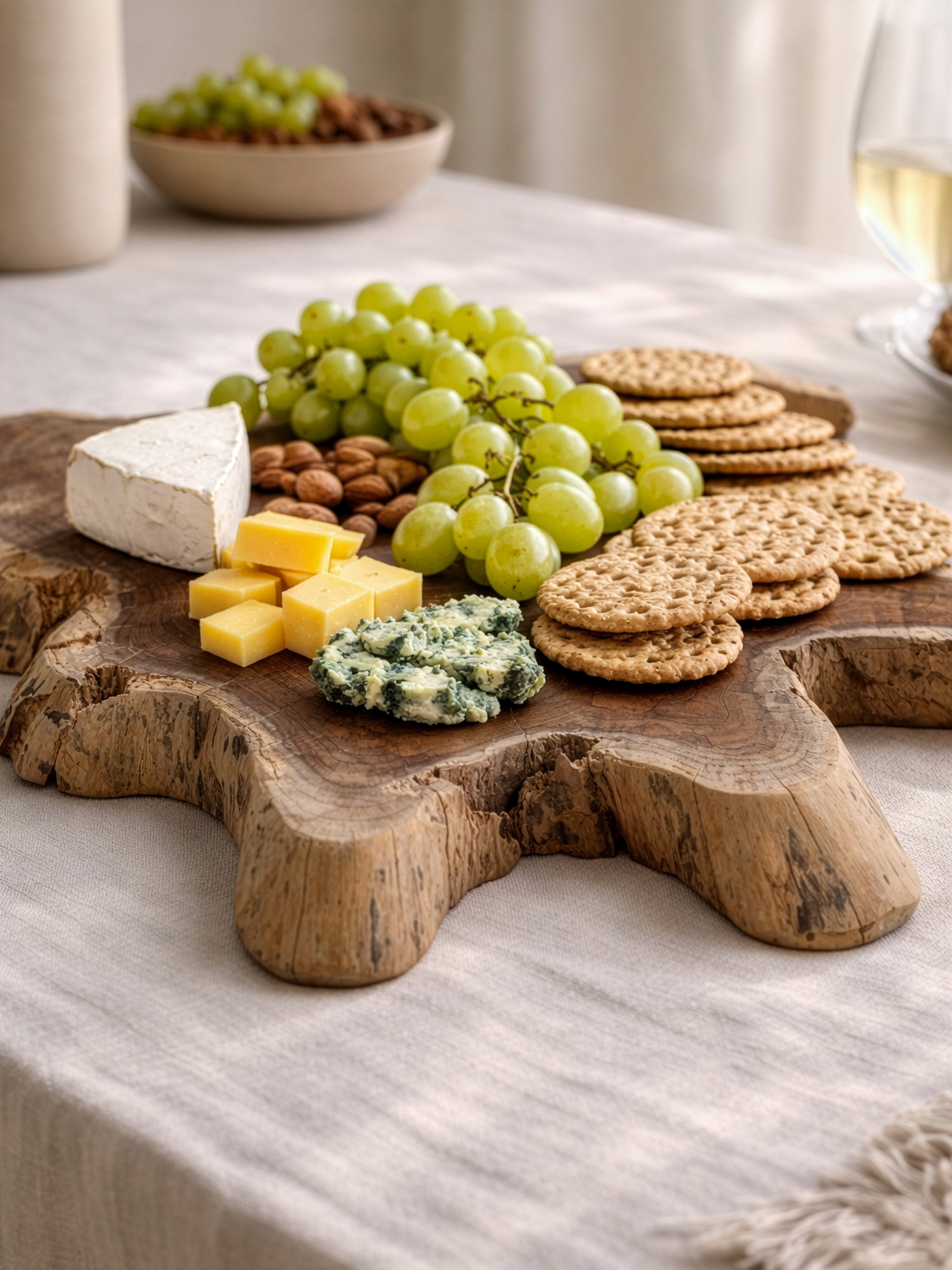 Koro serving board in teak styled with cheese, grapes and crackers on a soft neutral entertaining table setting.