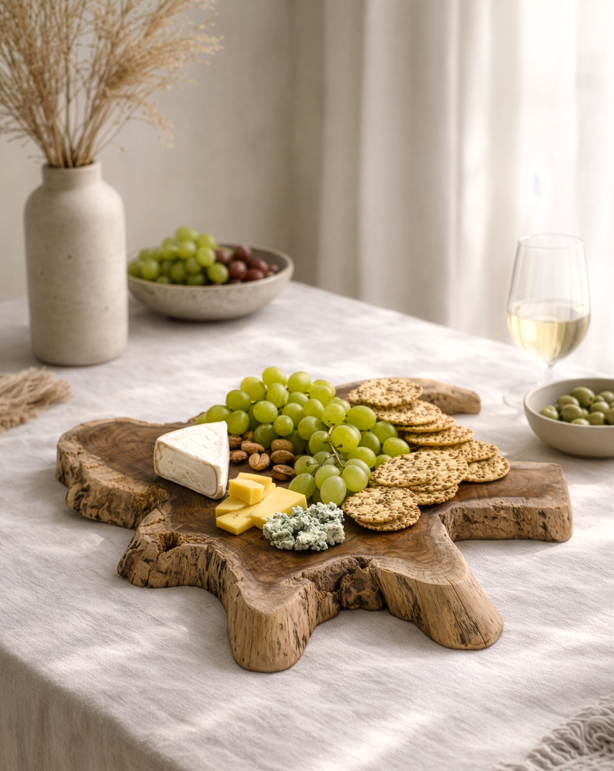 Koro serving board in teak styled with cheese, grapes and crackers on a soft neutral entertaining table setting.
