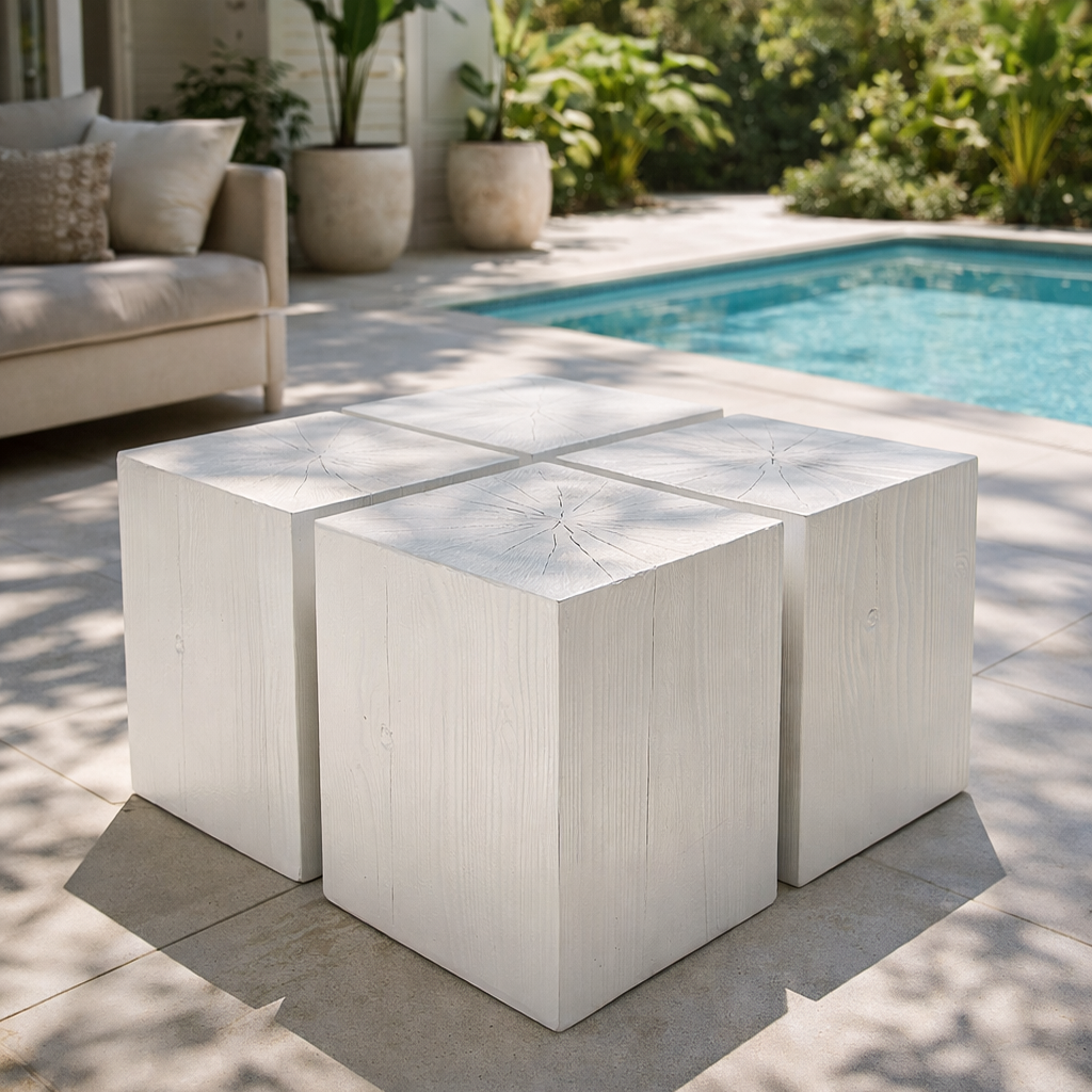 White Kuzu stool set arranged as a sculptural cluster beside a sunlit pool, featuring solid timber blocks with visible grain and soft coastal styling.