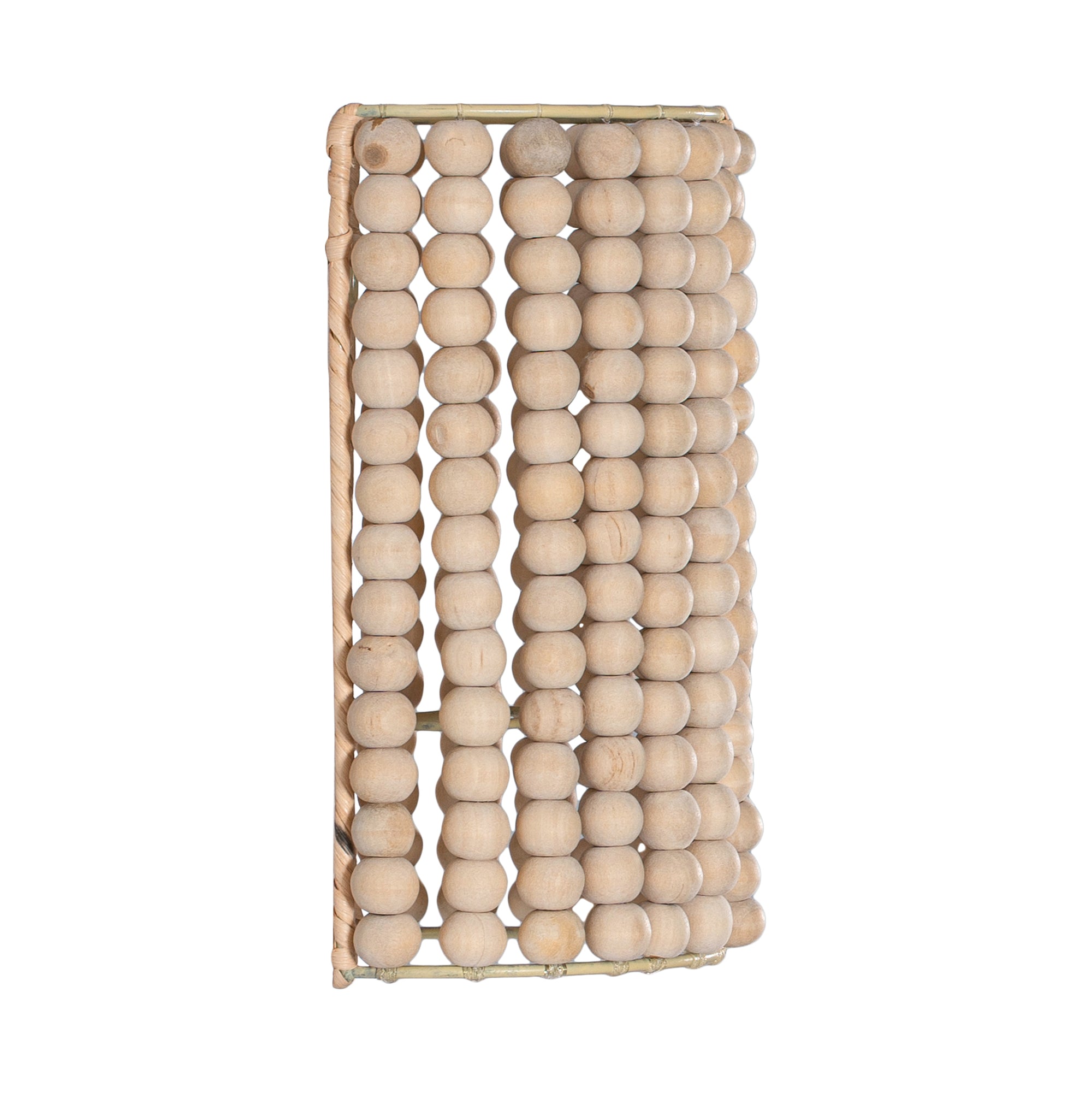 Kwetu sconce featuring hand-strung natural wooden beads in a cylindrical design, perfect for adding soft, textural lighting to relaxed interiors