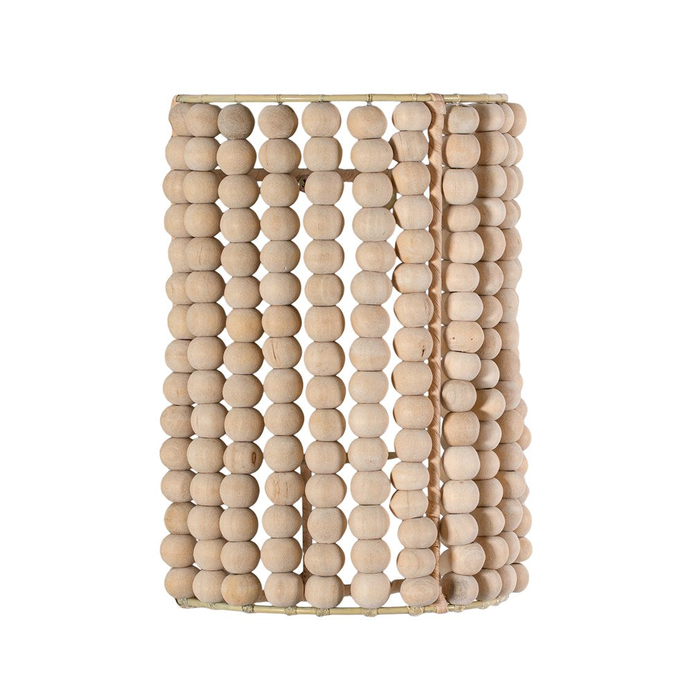 Kwetu sconce featuring hand-strung natural wooden beads in a cylindrical design, perfect for adding soft, textural lighting to relaxed interiors