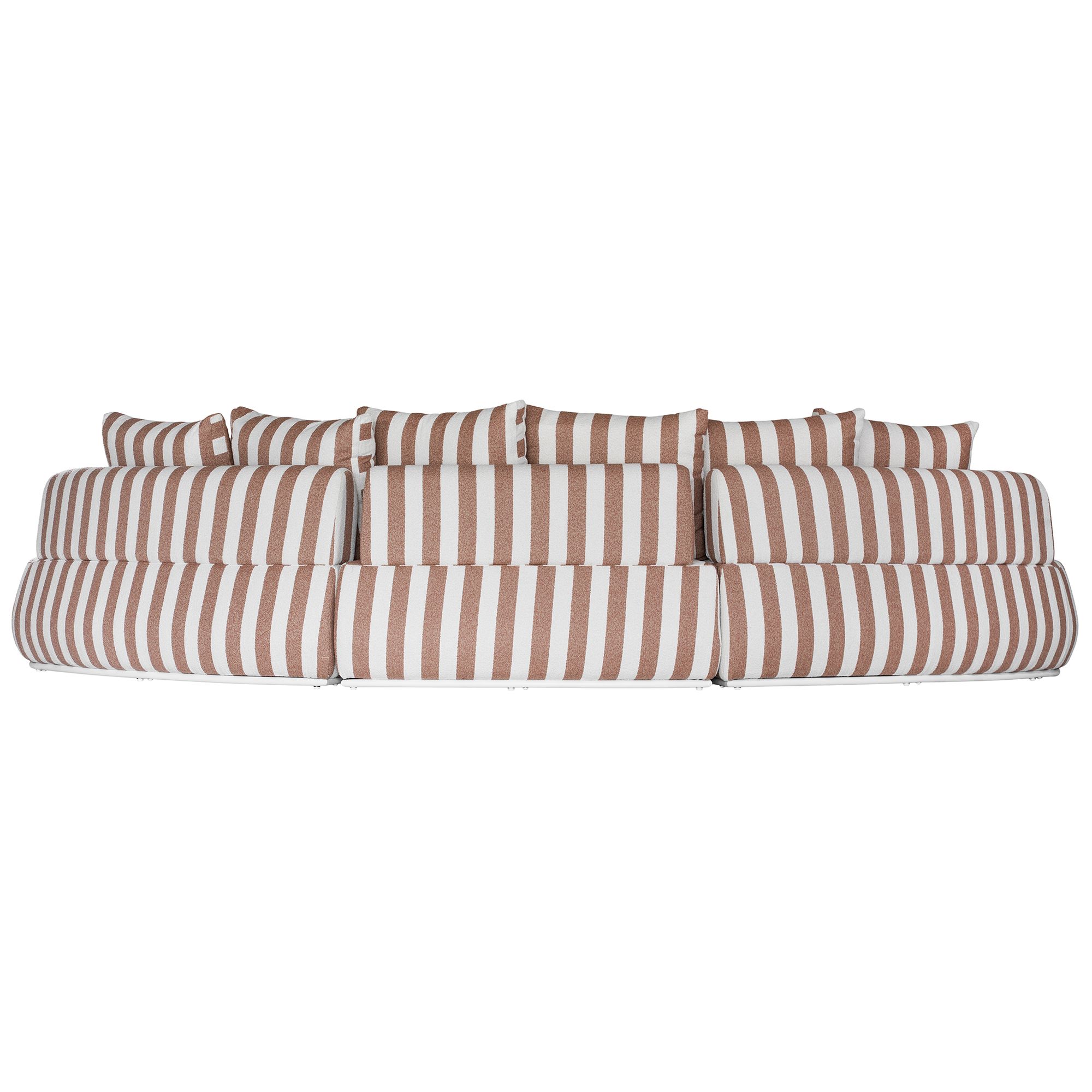 Laguna modular sofa in cinnabar stripe fabric with curved form and soft cushions on a clean background.
