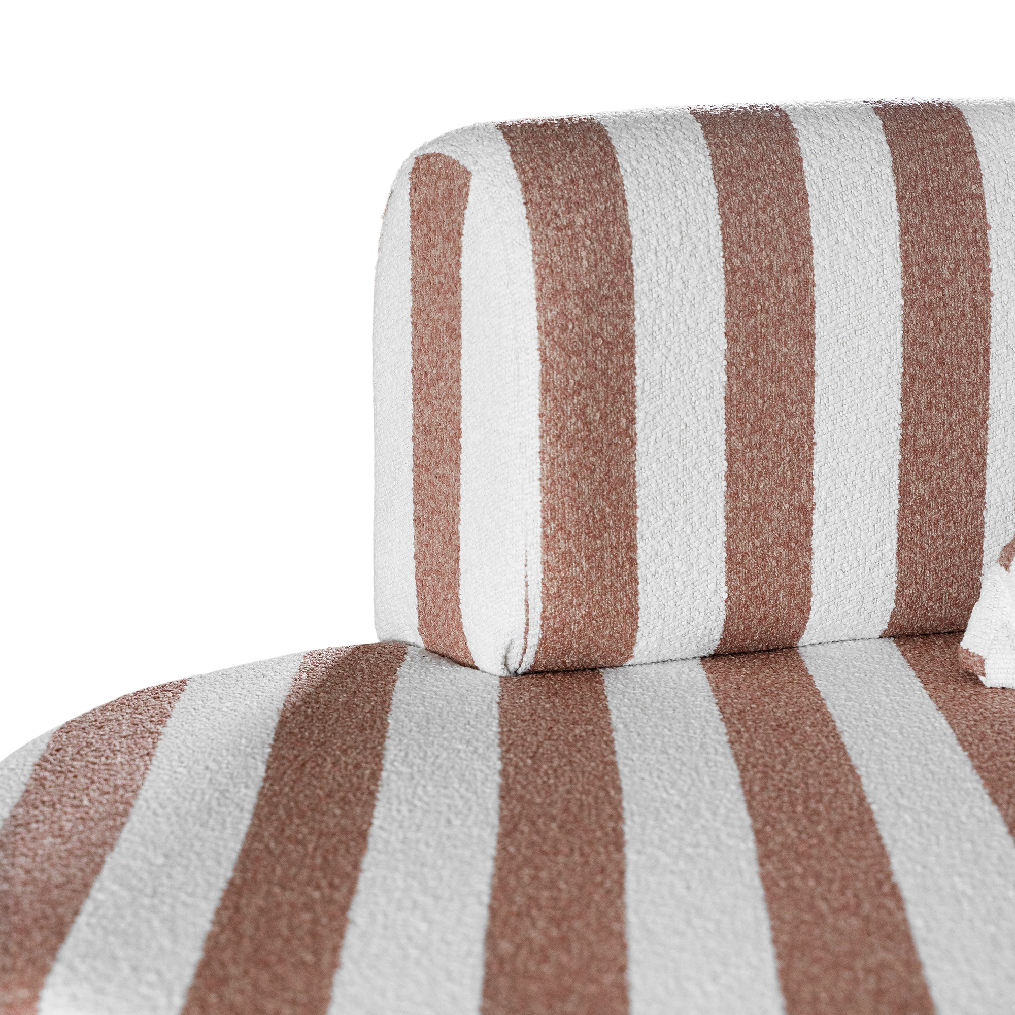 Laguna modular sofa in cinnabar stripe fabric with curved form and soft cushions on a clean background.