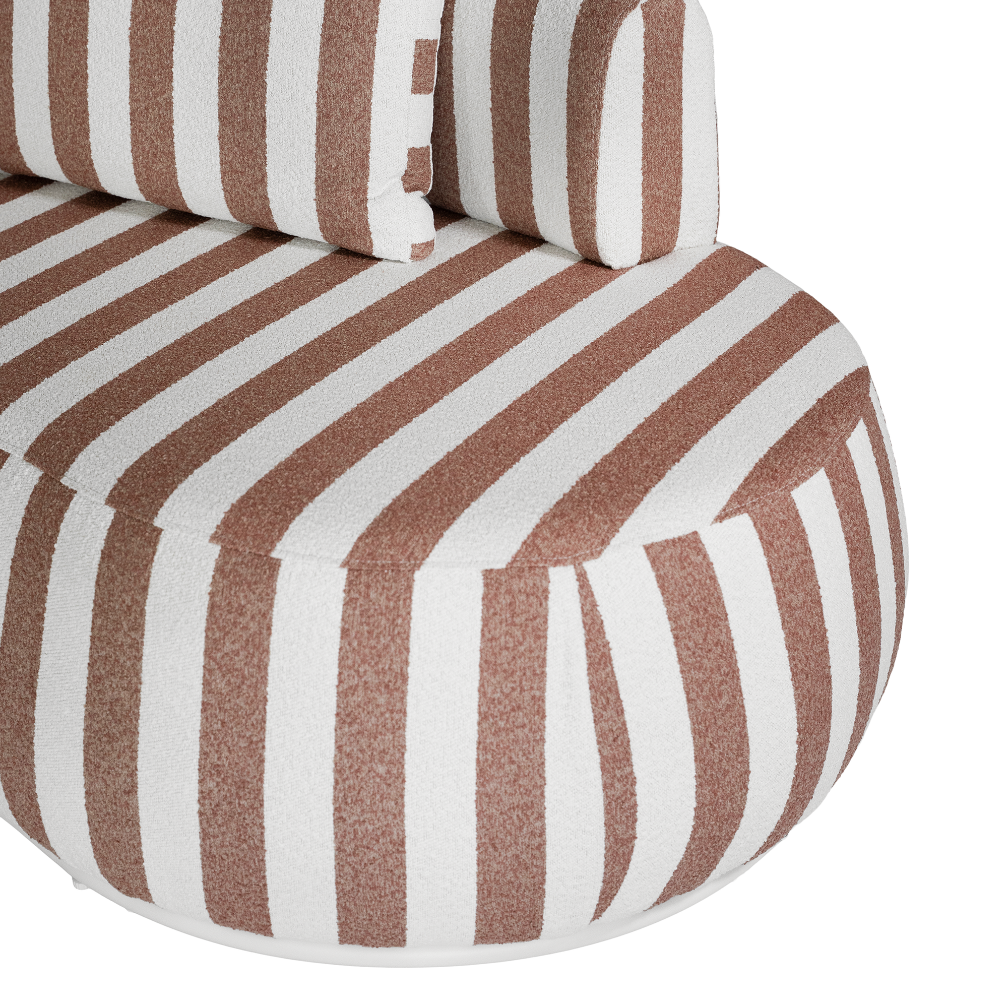 Laguna modular sofa in cinnabar stripe fabric with curved form and soft cushions on a clean background.