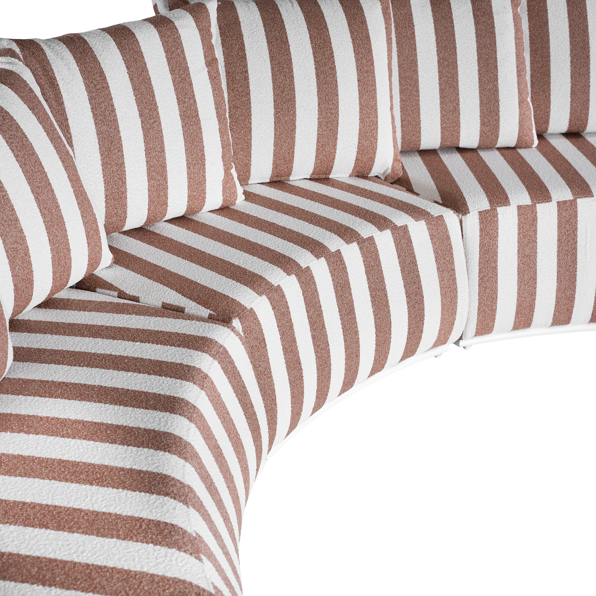 Laguna modular sofa in cinnabar stripe fabric with curved form and soft cushions on a clean background.