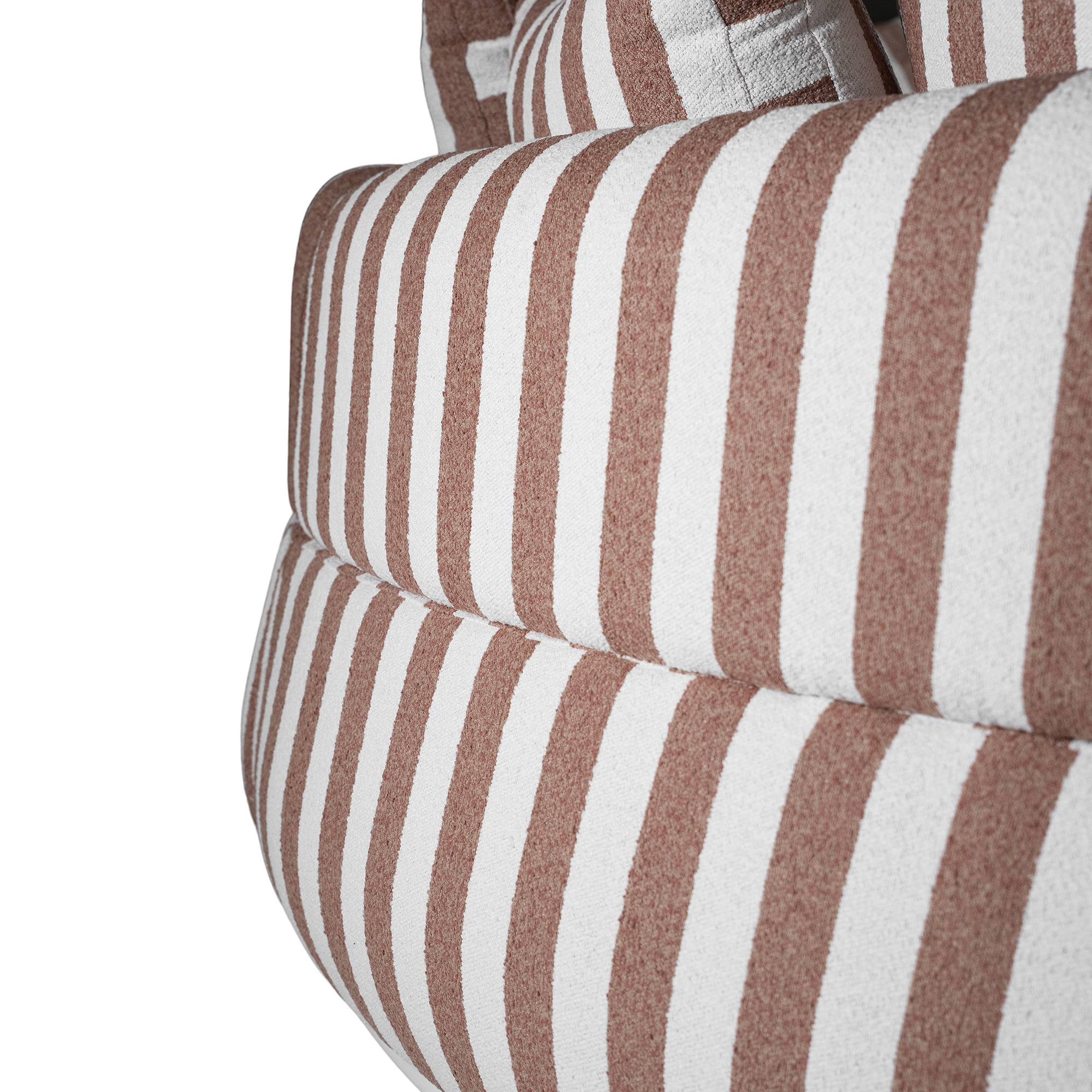 Laguna modular sofa in cinnabar stripe fabric with curved form and soft cushions on a clean background.