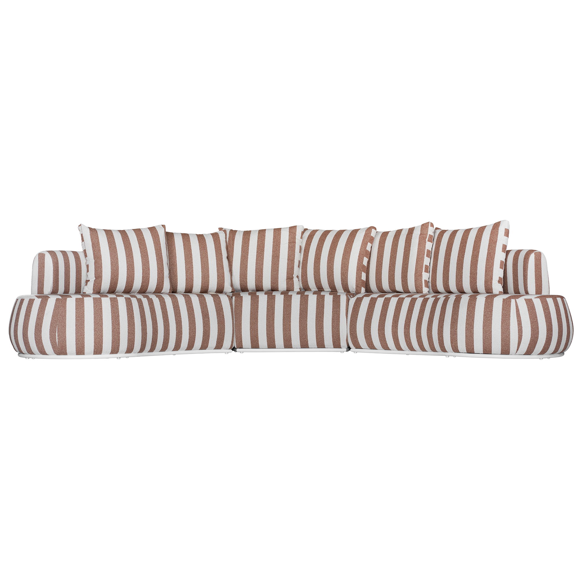 Laguna modular sofa in cinnabar stripe fabric with curved form and soft cushions on a clean background.