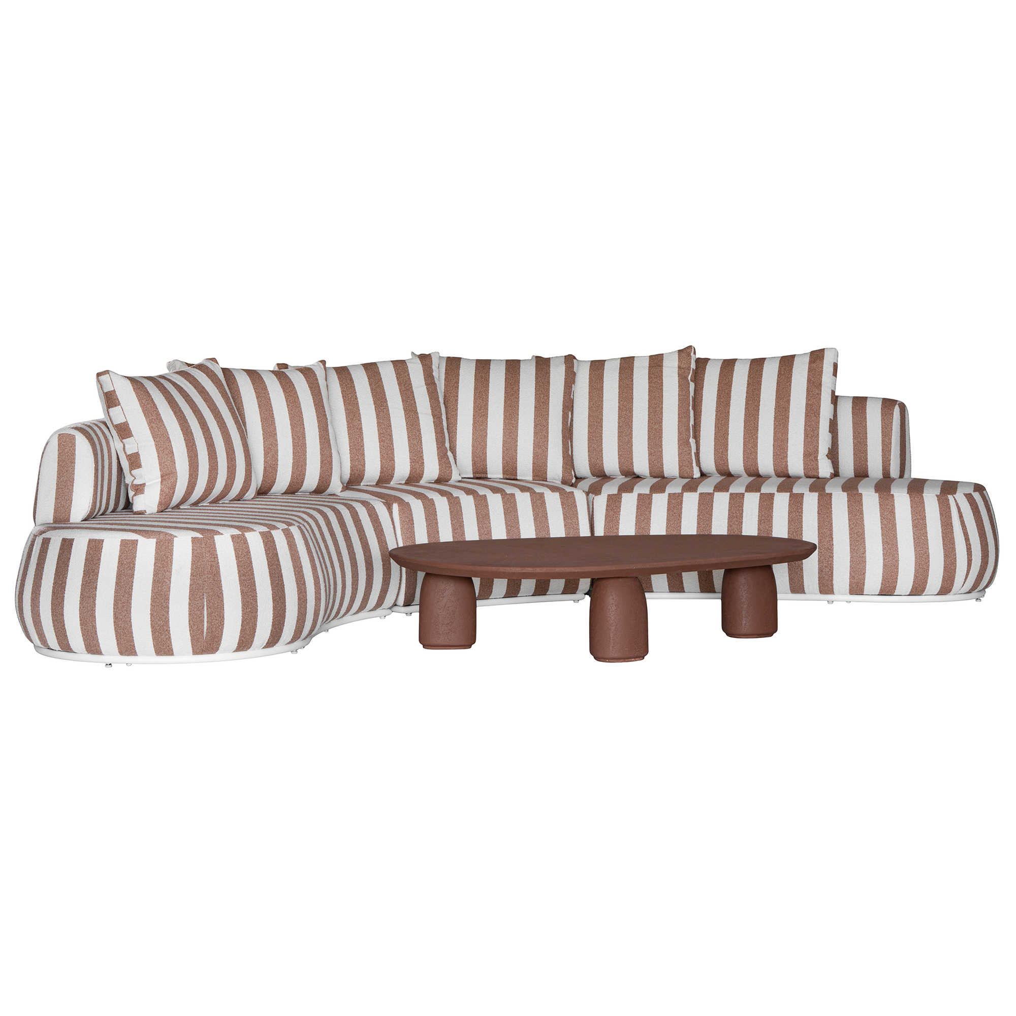 Laguna modular sofa in cinnabar stripe fabric with curved form and soft cushions on a clean background.