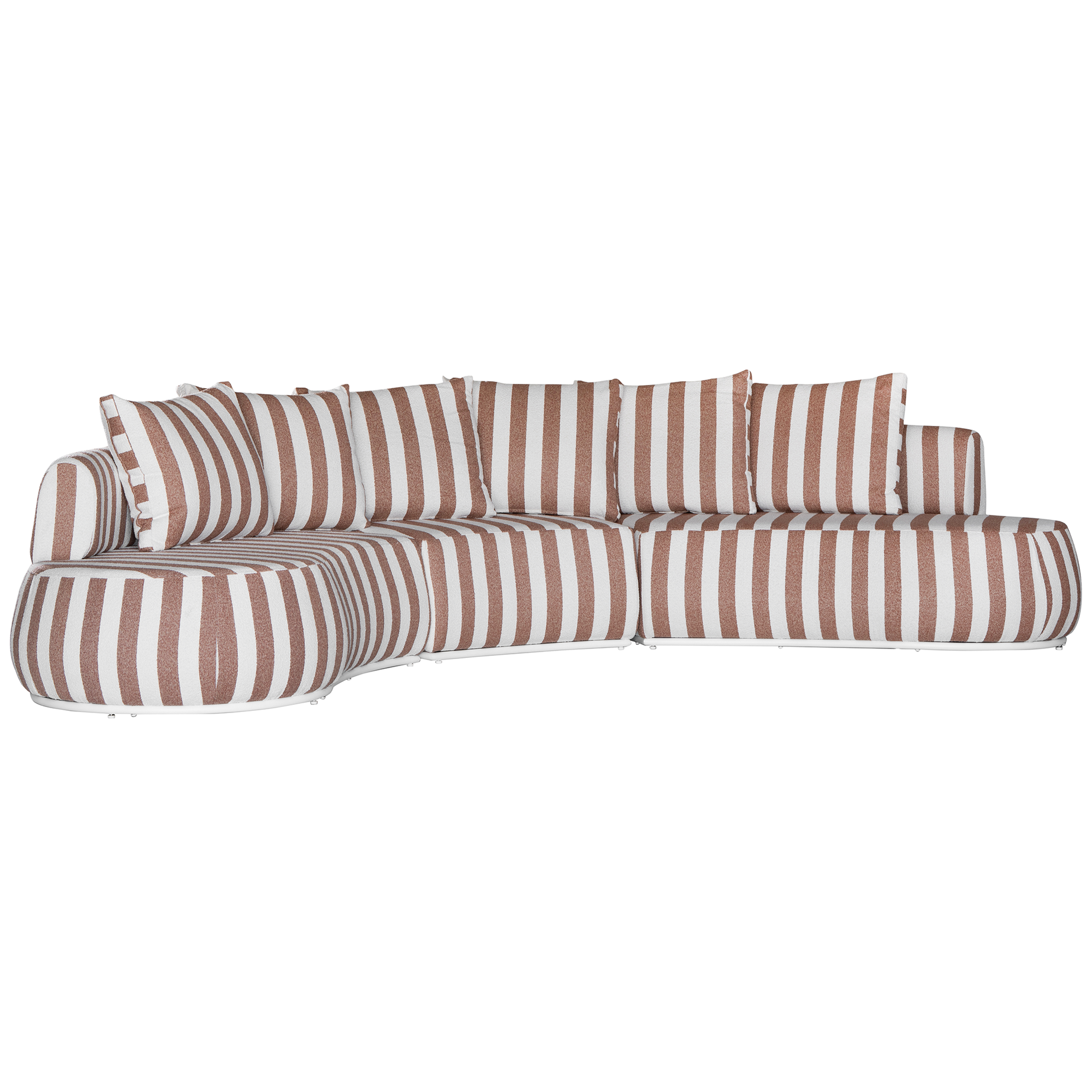 Laguna modular sofa in cinnabar stripe fabric with curved form and soft cushions on a clean background.