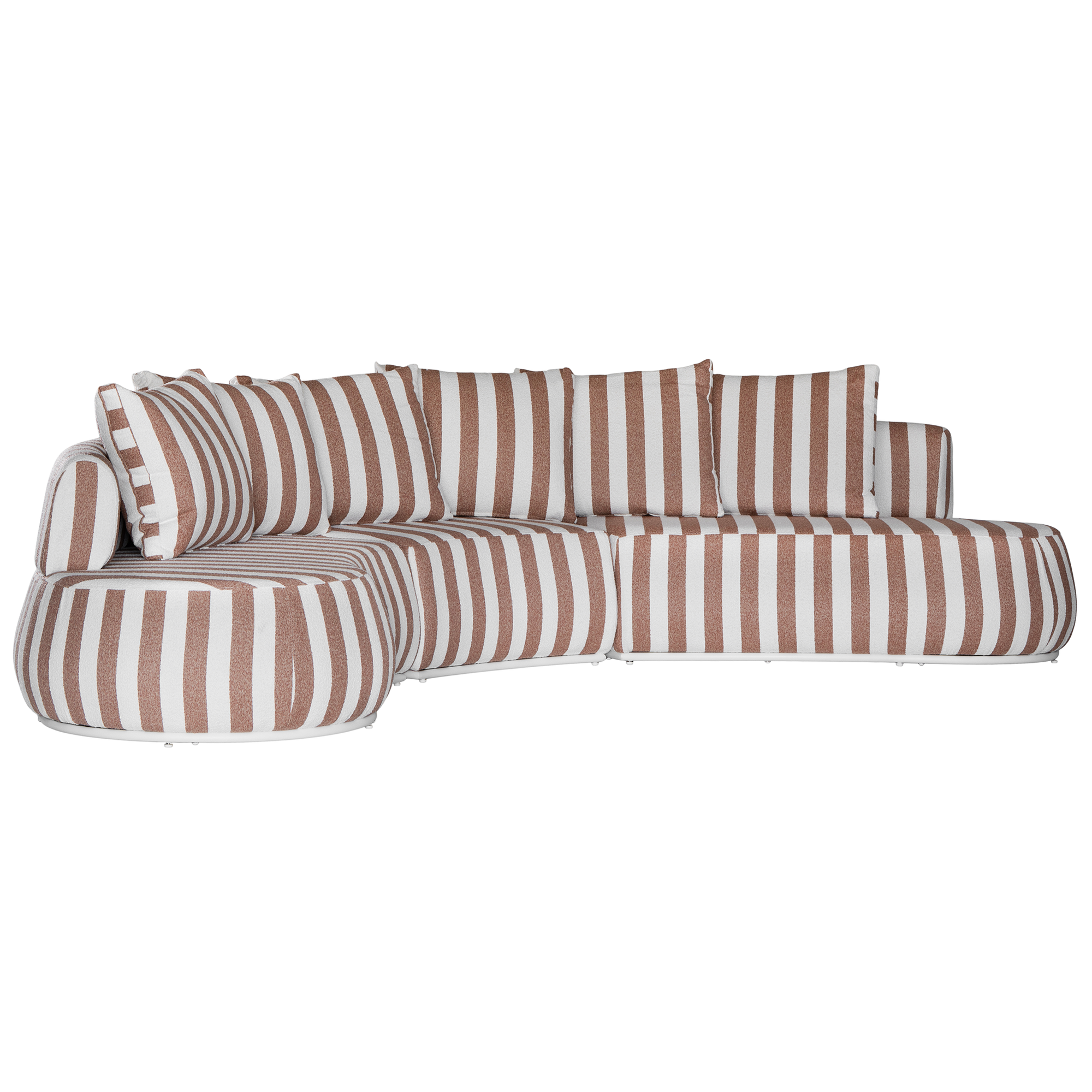 Laguna modular sofa in cinnabar stripe fabric with curved form and soft cushions on a clean background.