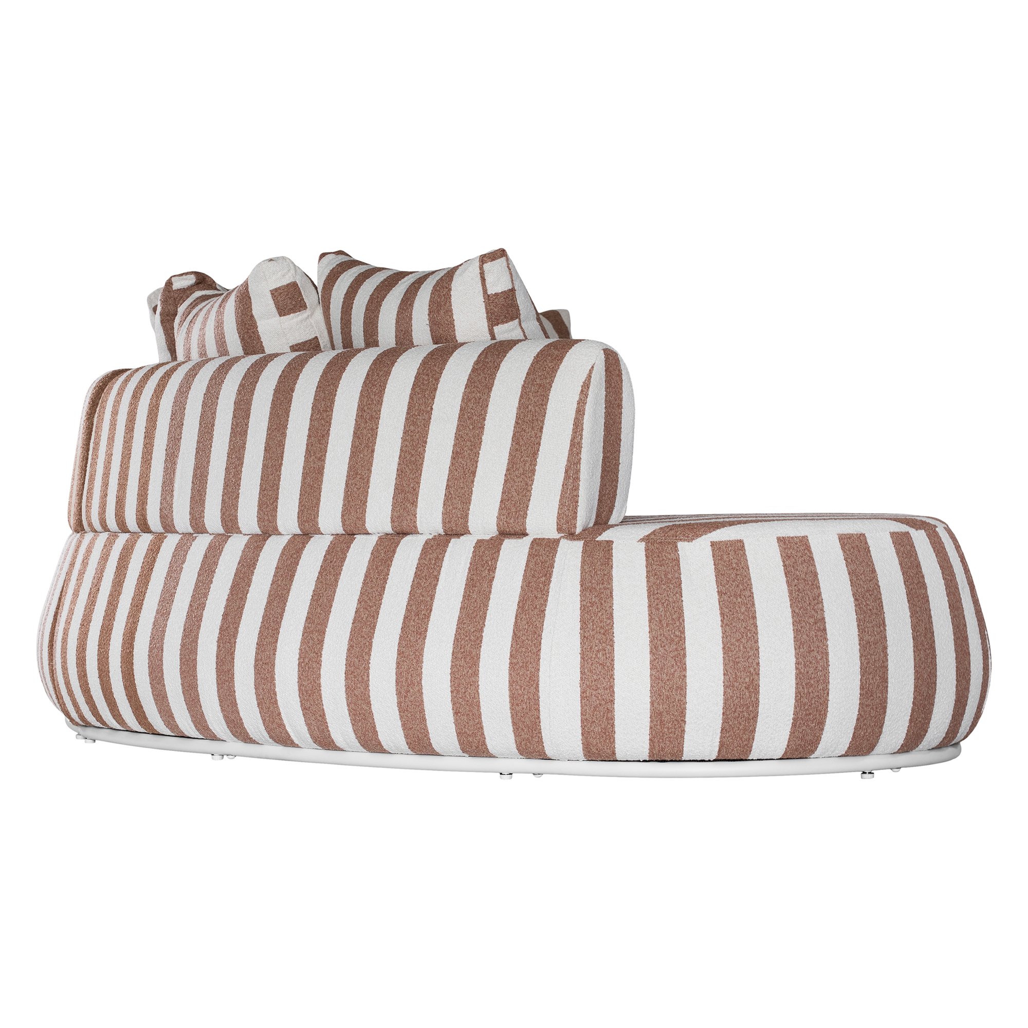 Laguna modular sofa in cinnabar stripe fabric with curved form and soft cushions on a clean background.