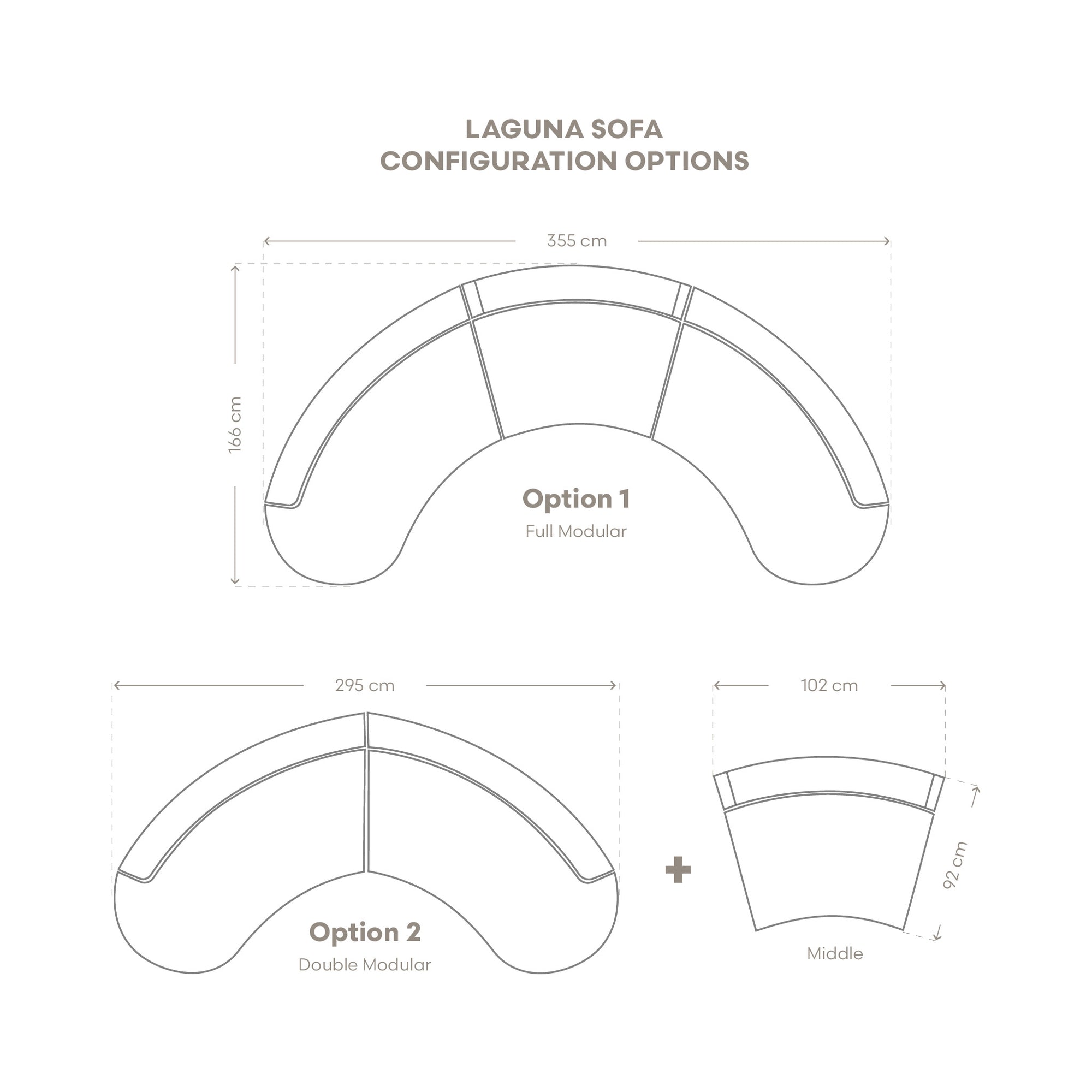 Laguna sofa configuration layout showing modular curved options and dimensions in a clean minimal diagram.