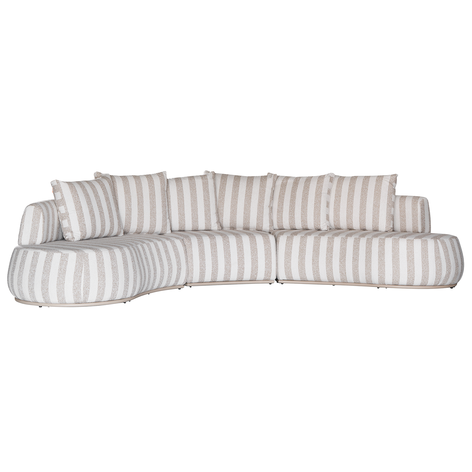 Laguna modular sofa in sand stripe fabric with curved form and soft cushions on a clean background.