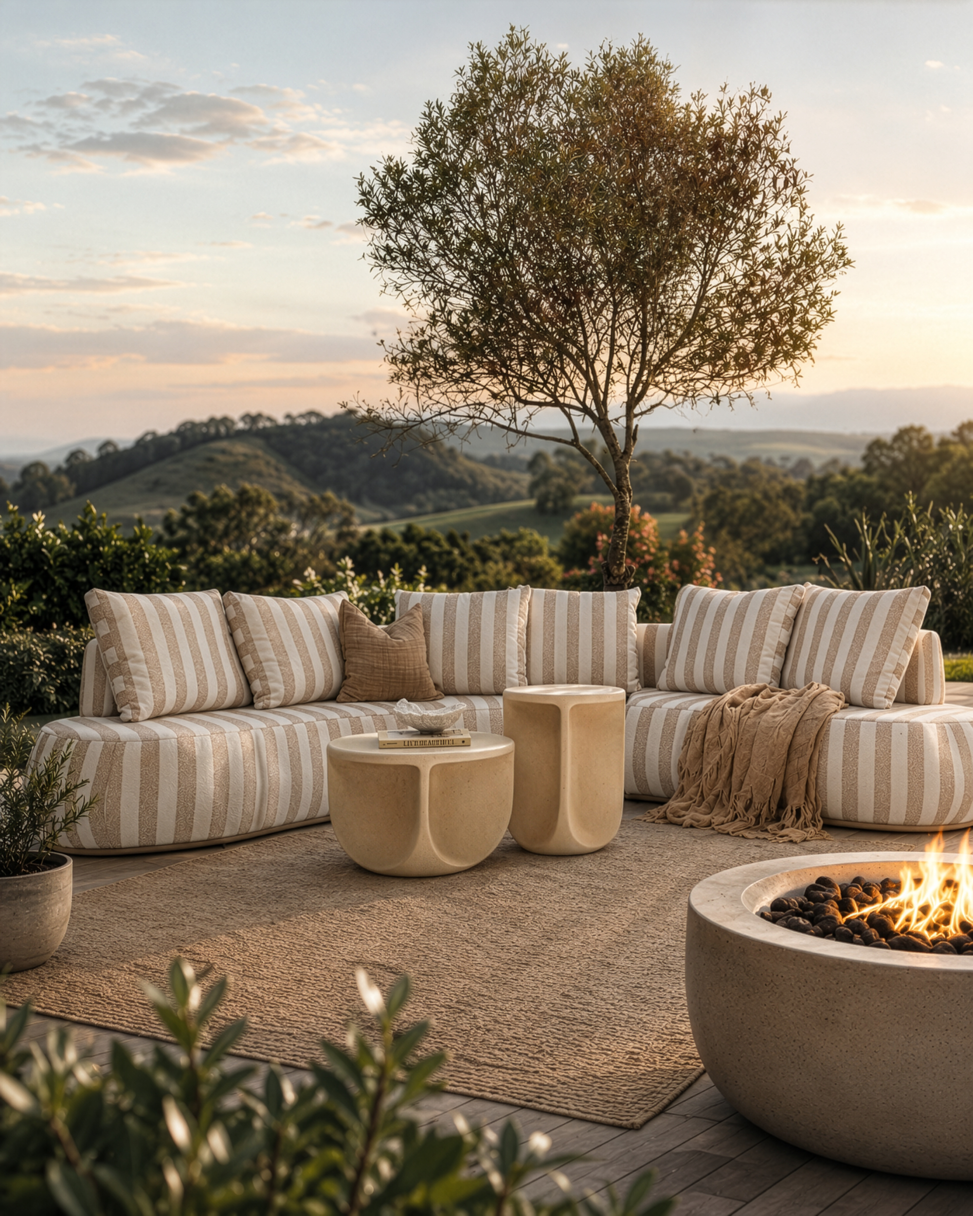 Laguna Sofa in Sand Stripe styled on a sunset garden terrace with warm natural textures and relaxed outdoor living.