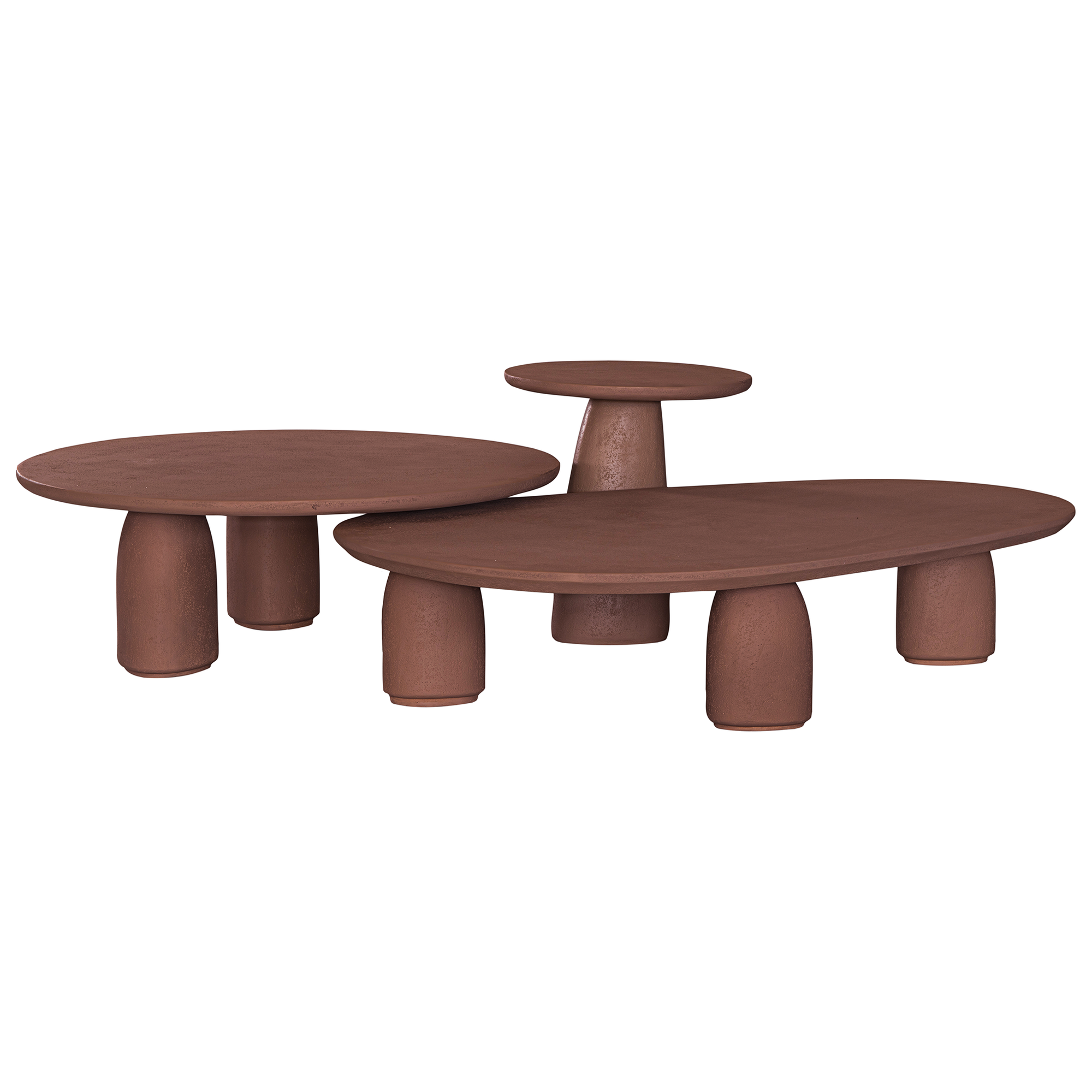 Lantara coffee table in cinnabar clay finish with elongated oval top and three rounded sculptural legs.