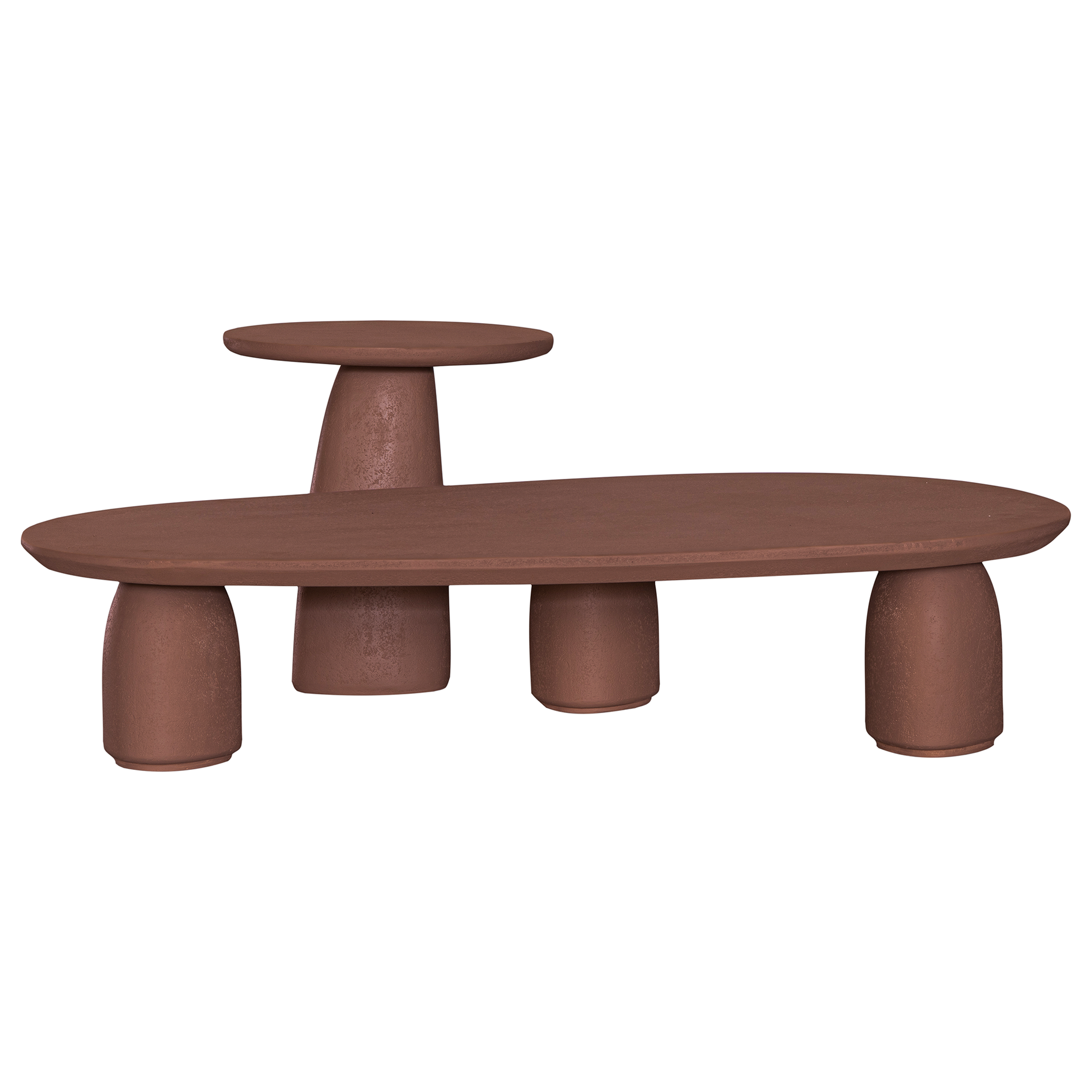 Lantara coffee table cluster in cinnabar clay finish with elongated oval top and three rounded sculptural legs.