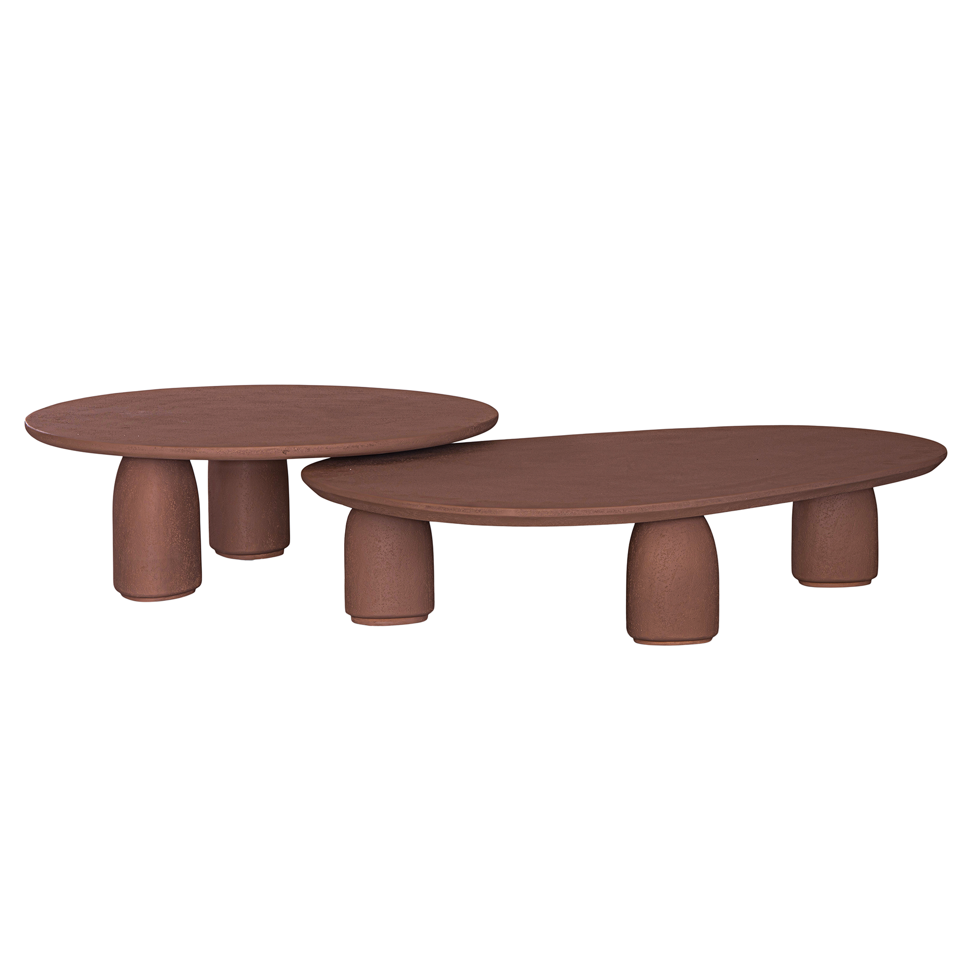 Lantara coffee table cluster in cinnabar clay finish with elongated oval top and three rounded sculptural legs.