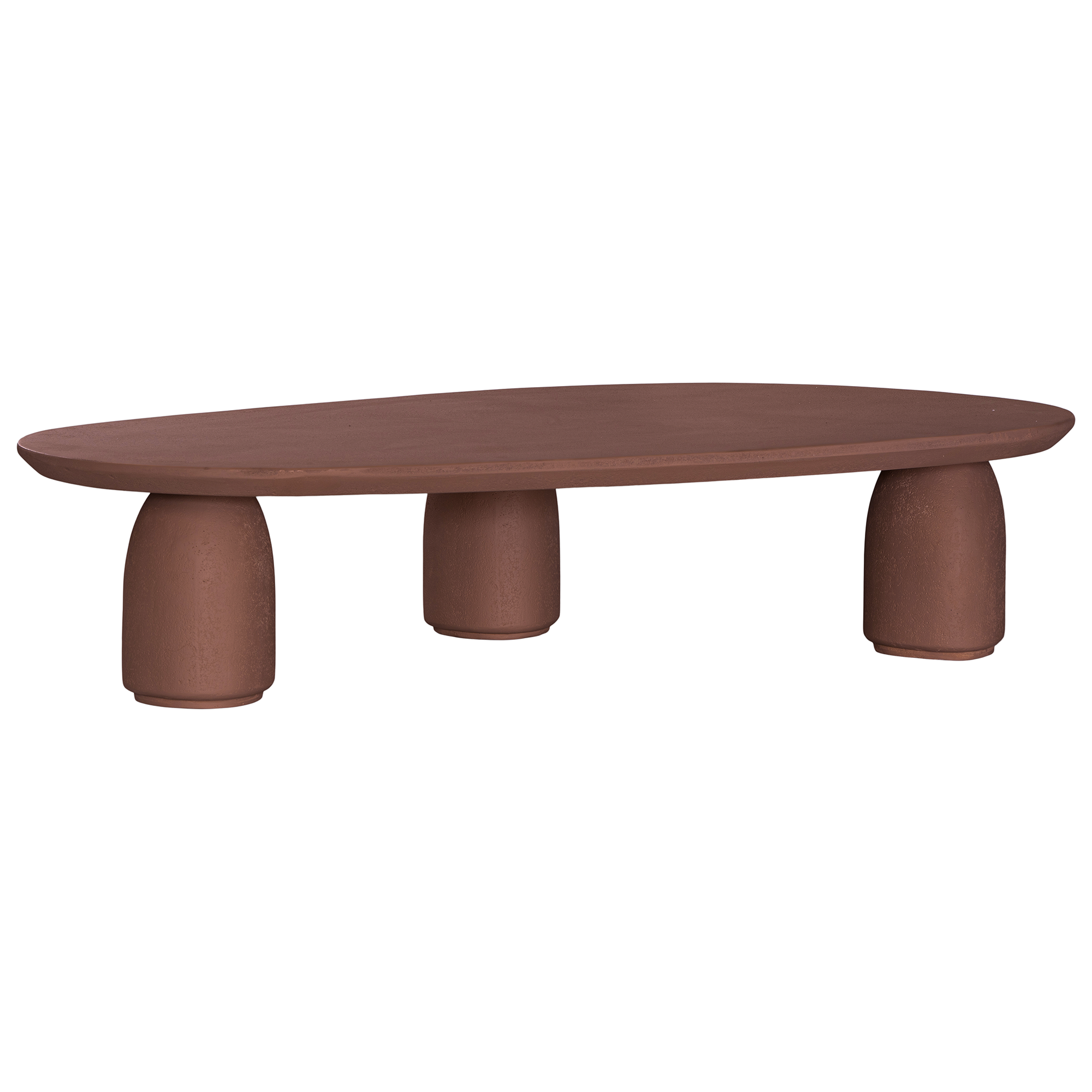 Lantara coffee table in cinnabar clay finish with elongated oval top and three rounded sculptural legs.