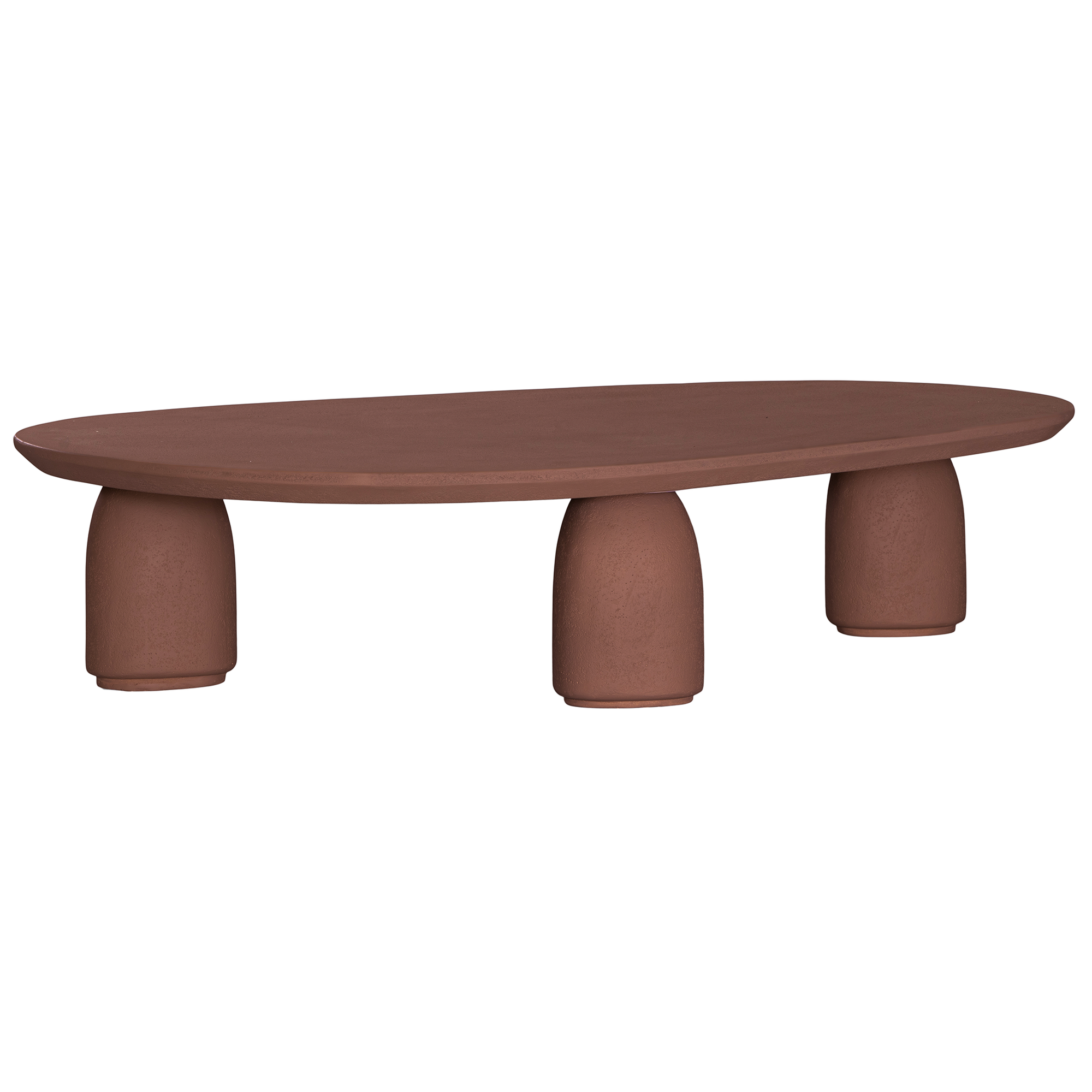 Lantara coffee table in cinnabar clay finish with elongated oval top and three rounded sculptural legs.