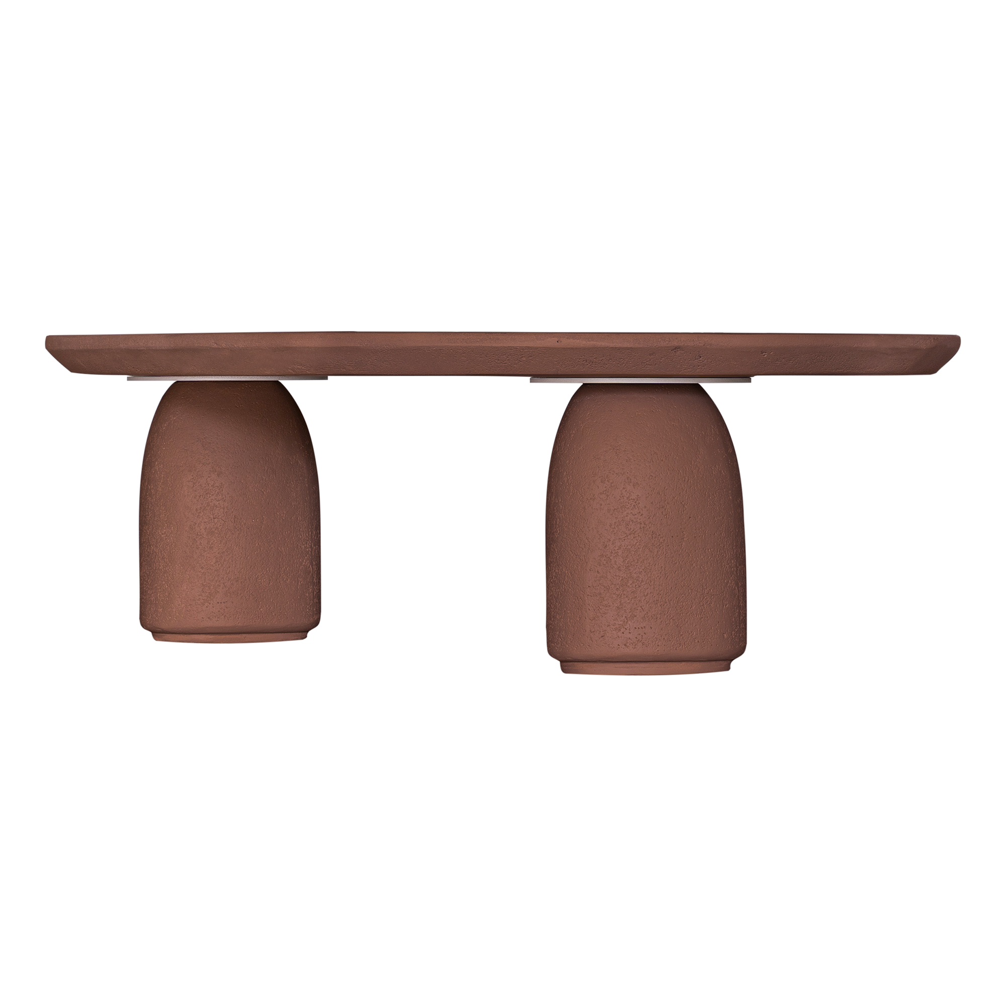 Lantara coffee table in cinnabar clay finish with elongated oval top and three rounded sculptural legs.