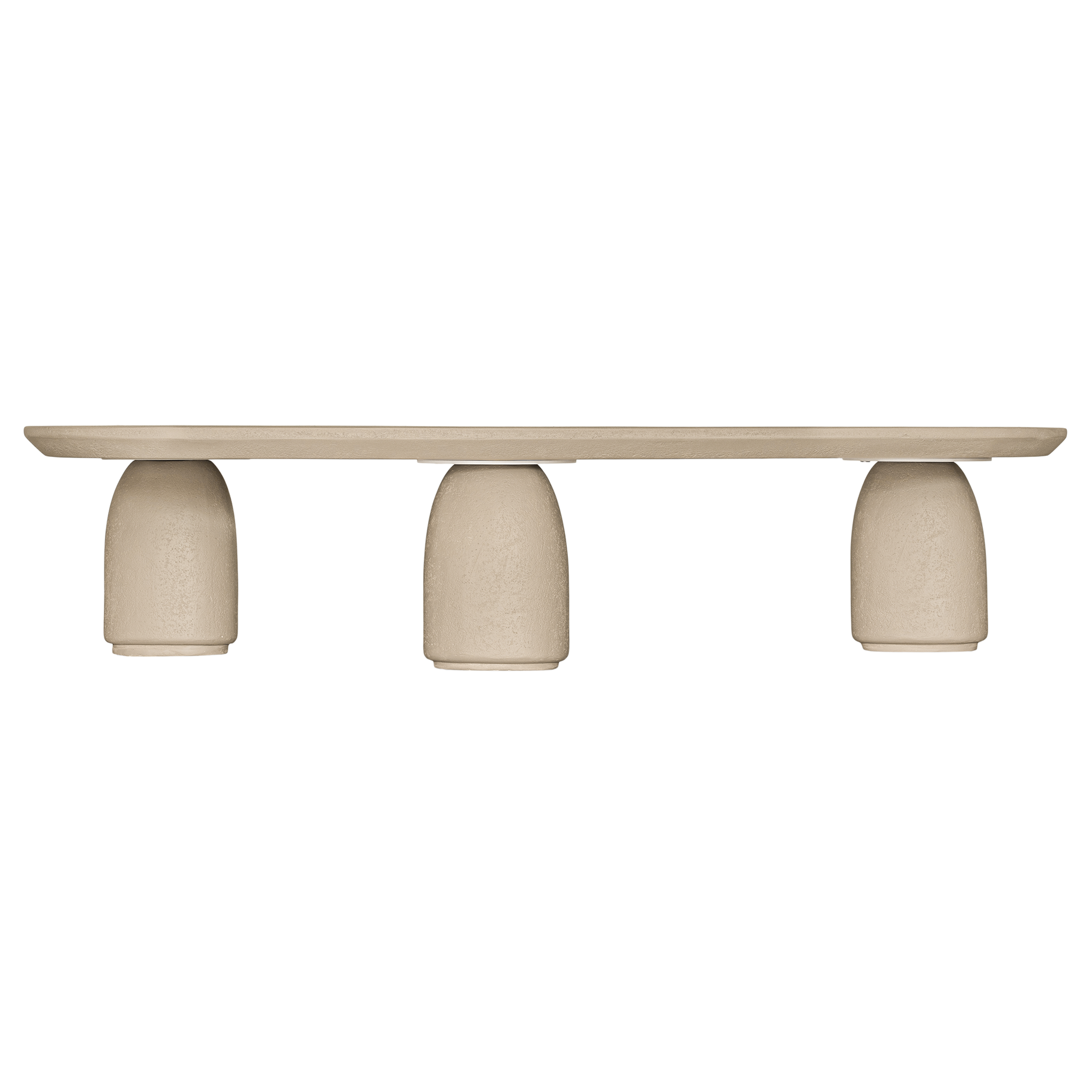 Lantara coffee table in driftstone finish with sculptural pedestal base and soft rounded top.