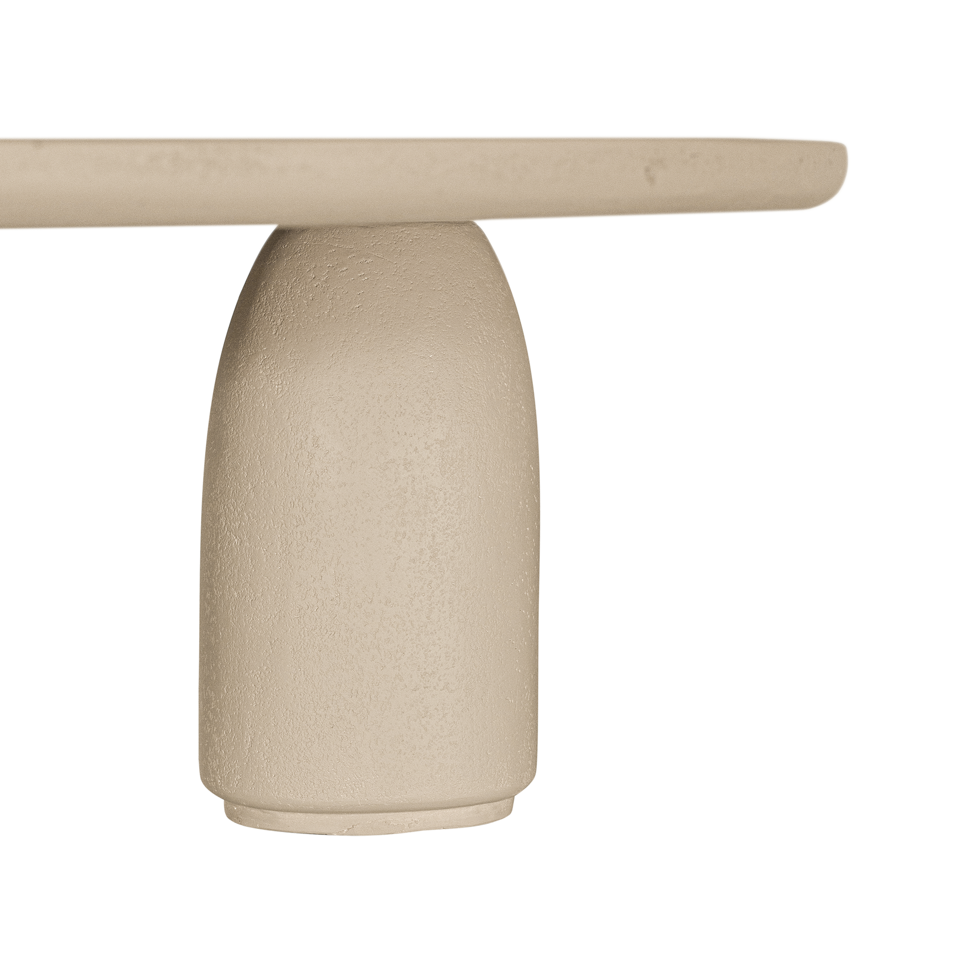 Lantara coffee table in driftstone finish with sculptural pedestal base and soft rounded top.