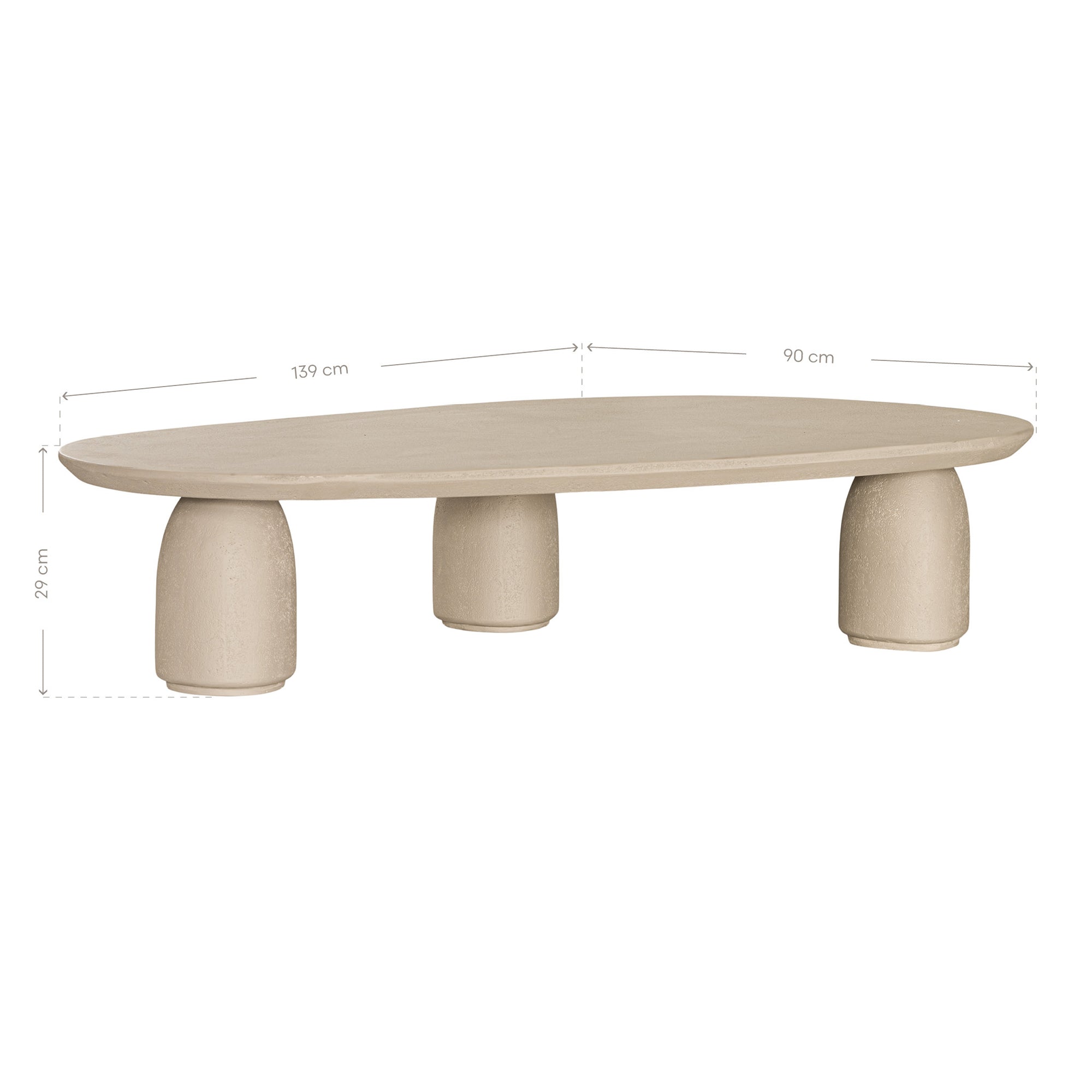 Lantara coffee table in driftstone finish with sculptural pedestal base and soft rounded top.