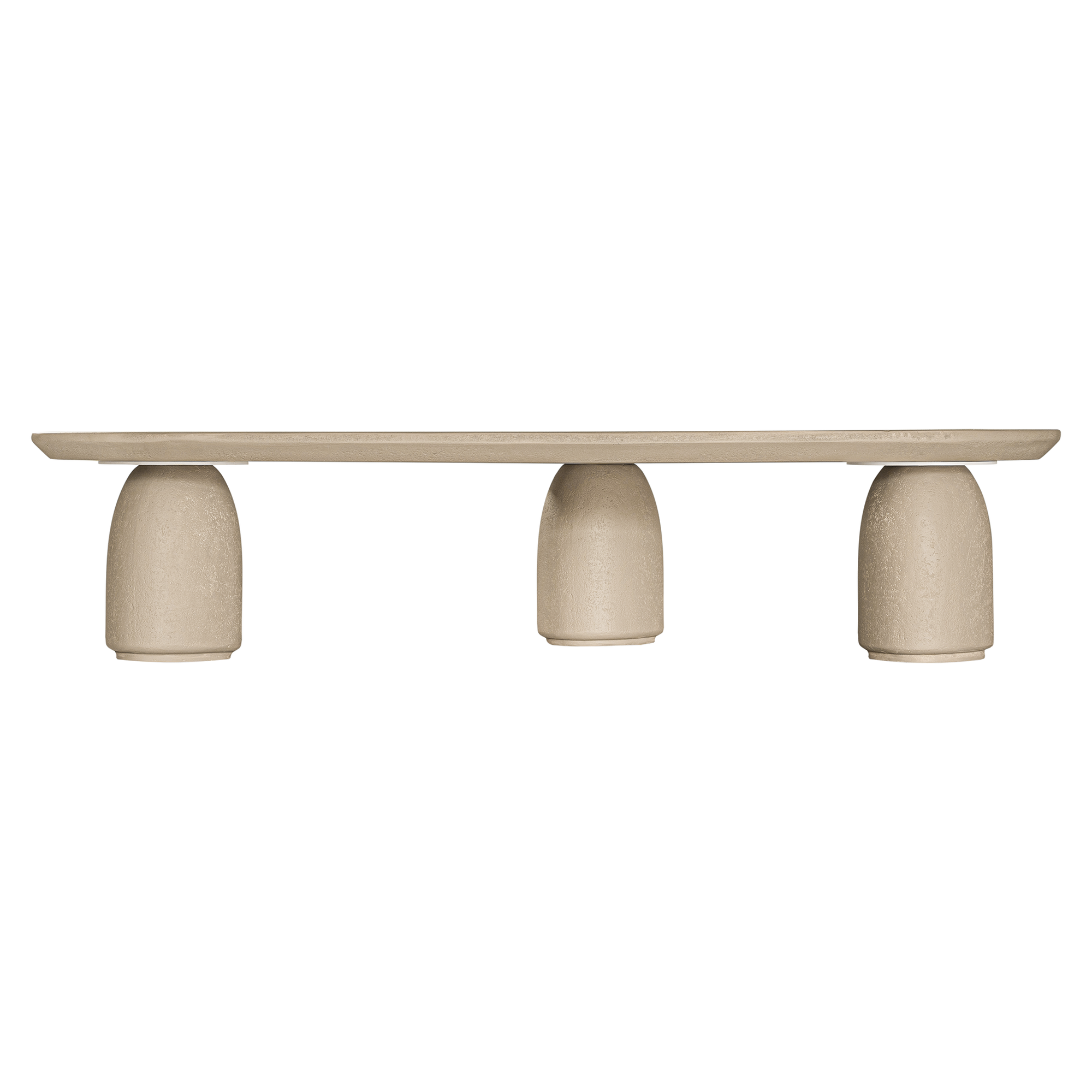 Lantara coffee table in driftstone finish with sculptural pedestal base and soft rounded top.