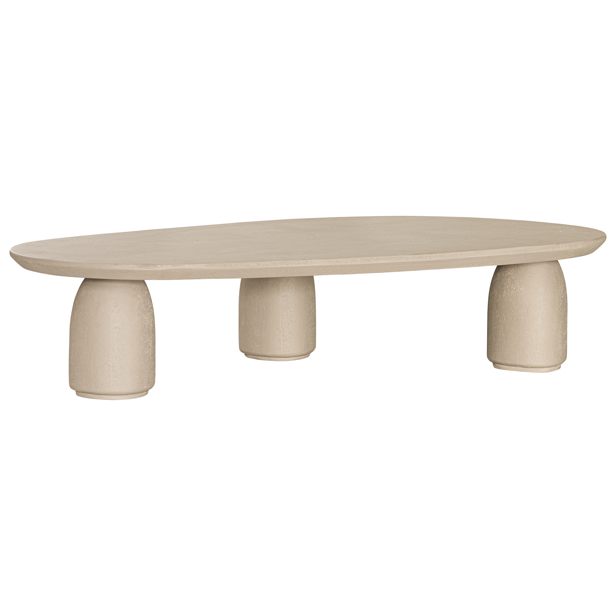 Lantara coffee table in driftstone finish with sculptural pedestal base and soft rounded top.