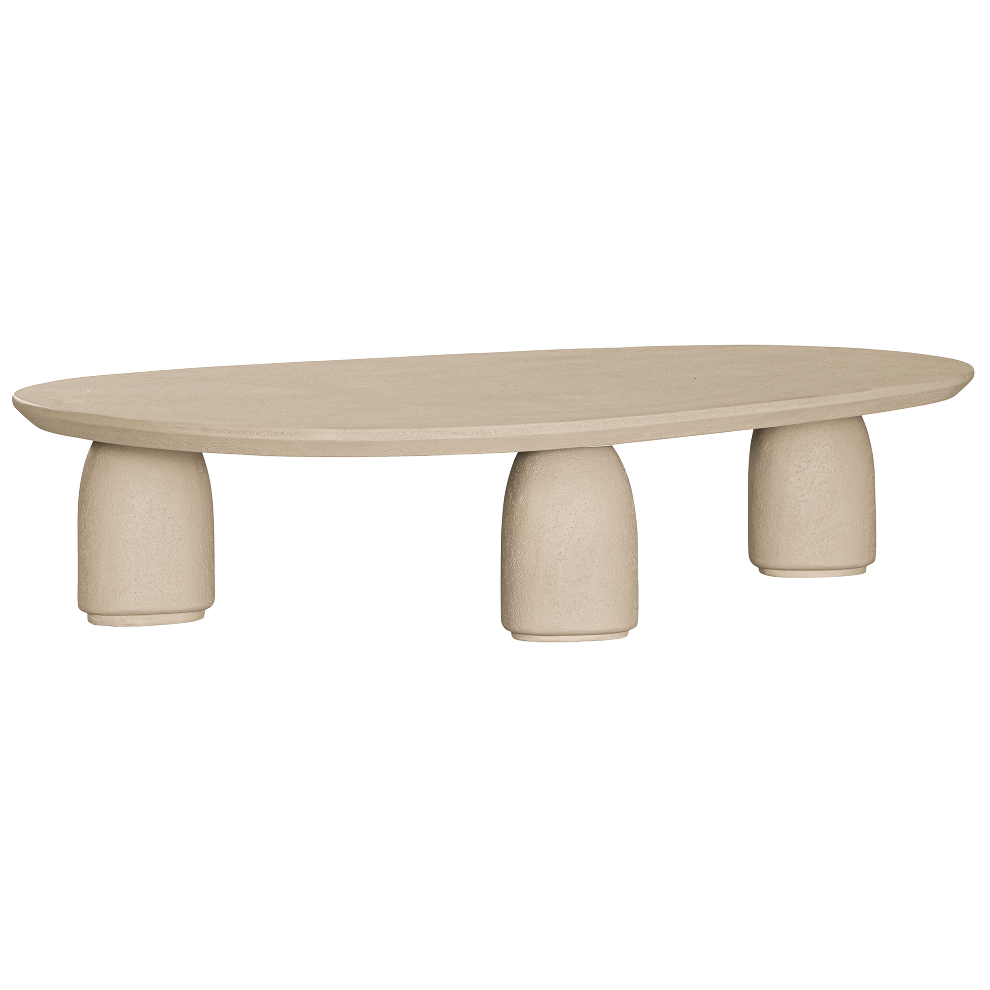 Lantara coffee table in driftstone finish with sculptural pedestal base and soft rounded top.