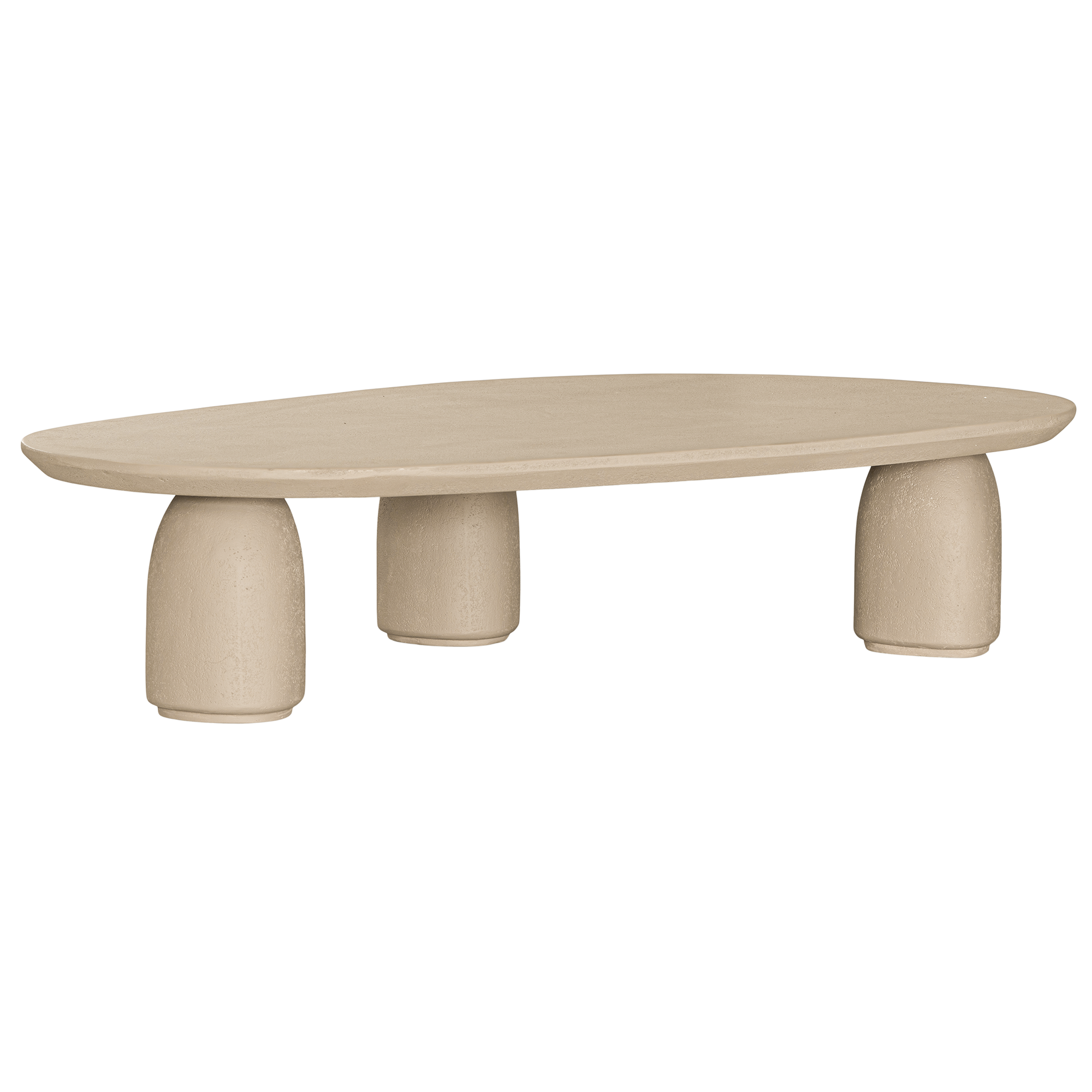 Lantara coffee table in driftstone finish with sculptural pedestal base and soft rounded top.