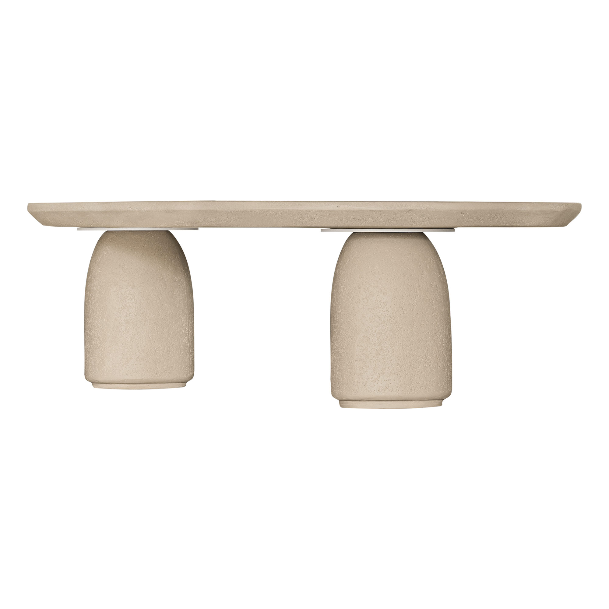 Lantara coffee table in driftstone finish with sculptural pedestal base and soft rounded top.