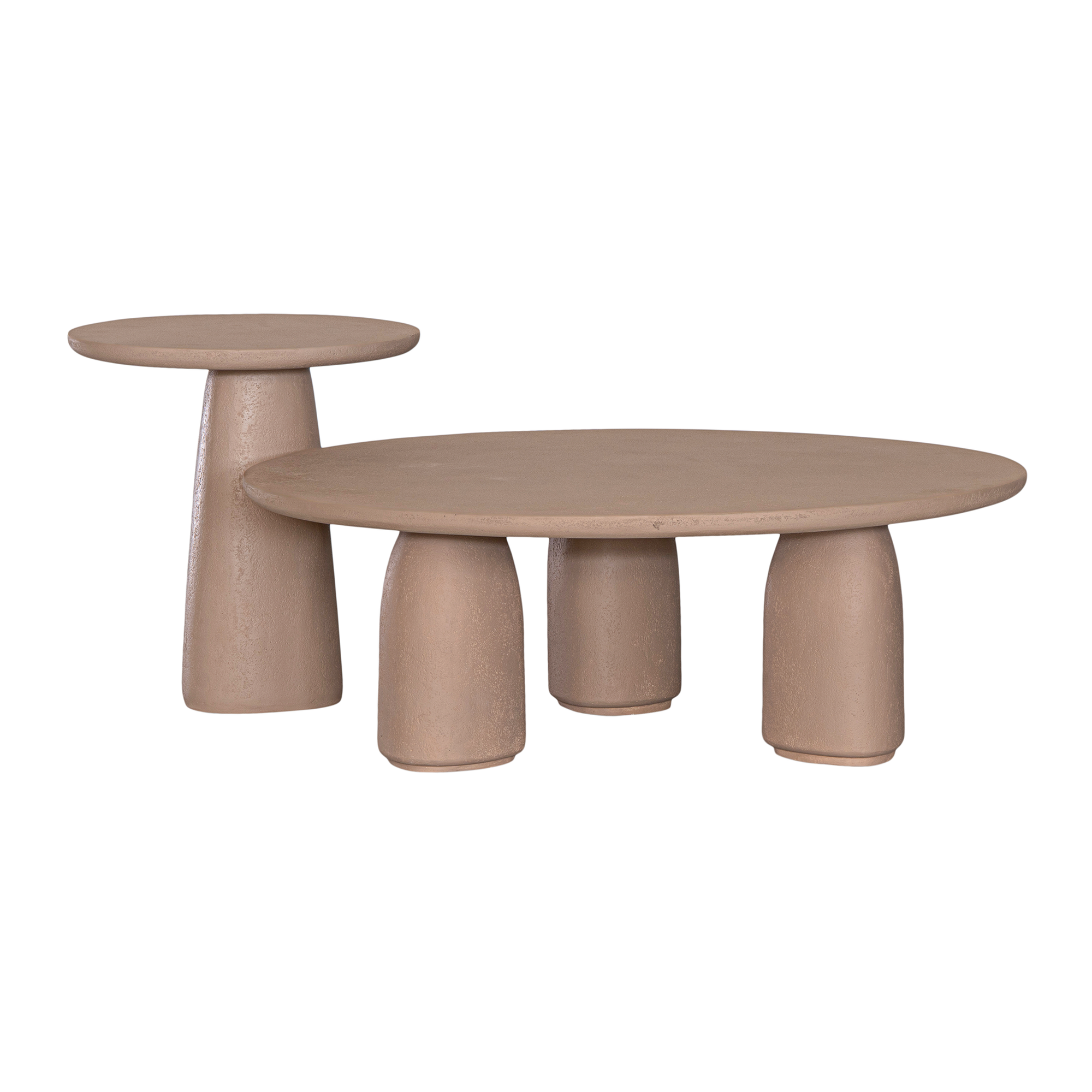 Lantara coffee table small in nomad dune finish with rounded top and three sculptural cylindrical legs.