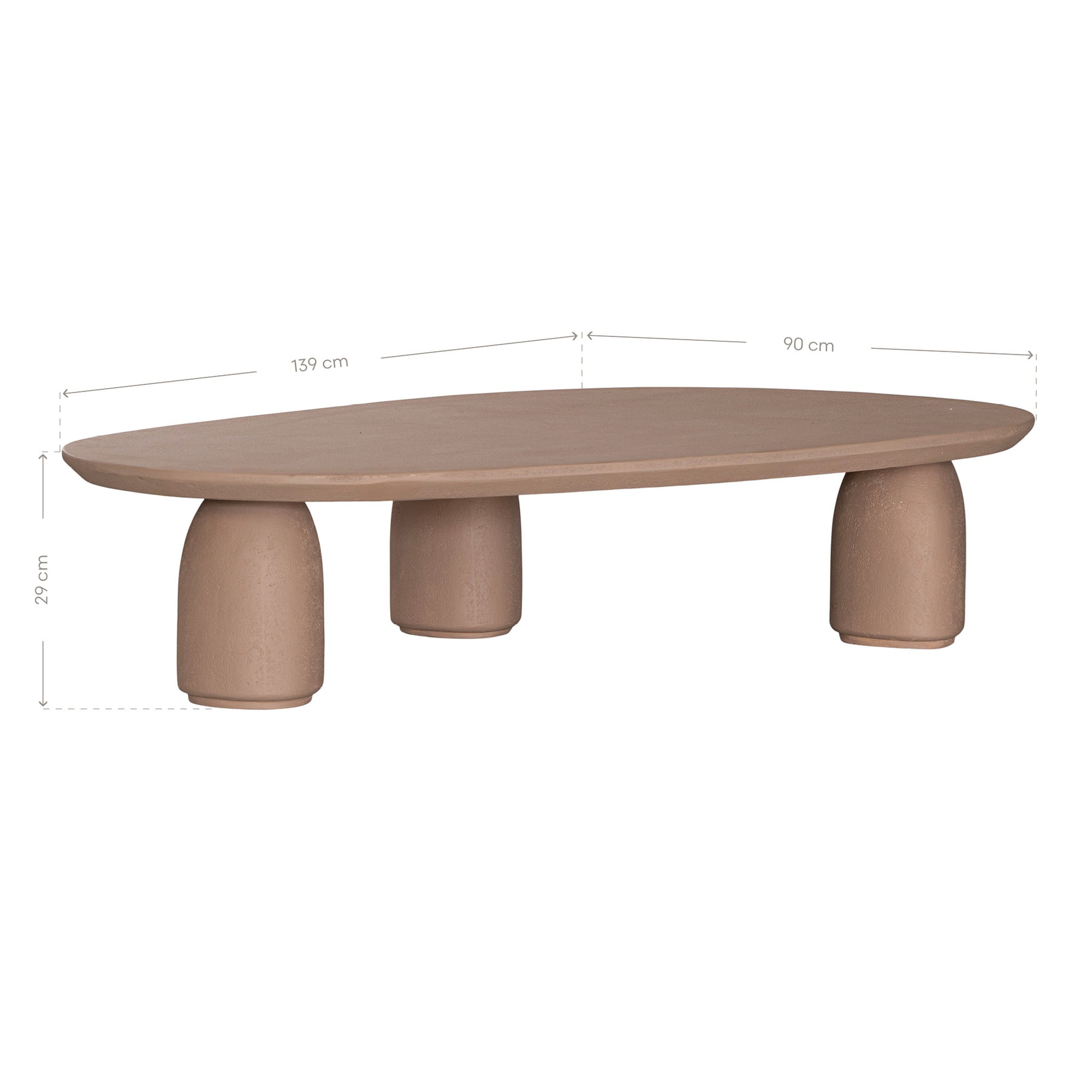 Lantara coffee table large in nomad dune finish with elongated oval top and three rounded sculptural legs.