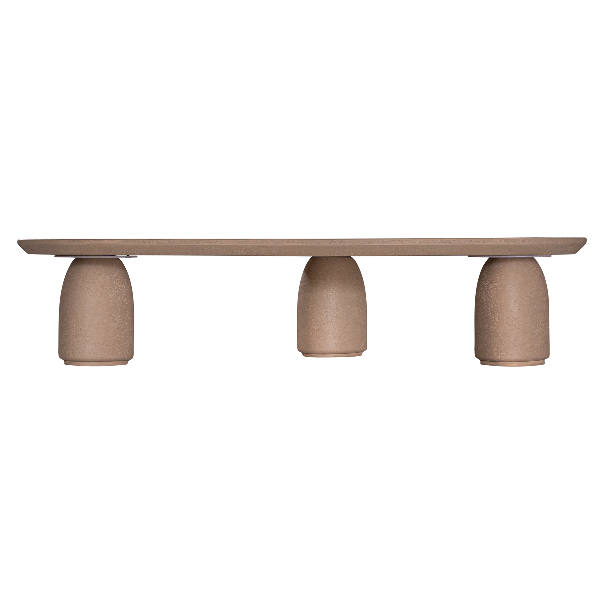 Lantara coffee table large in nomad dune finish with elongated oval top and three rounded sculptural legs.