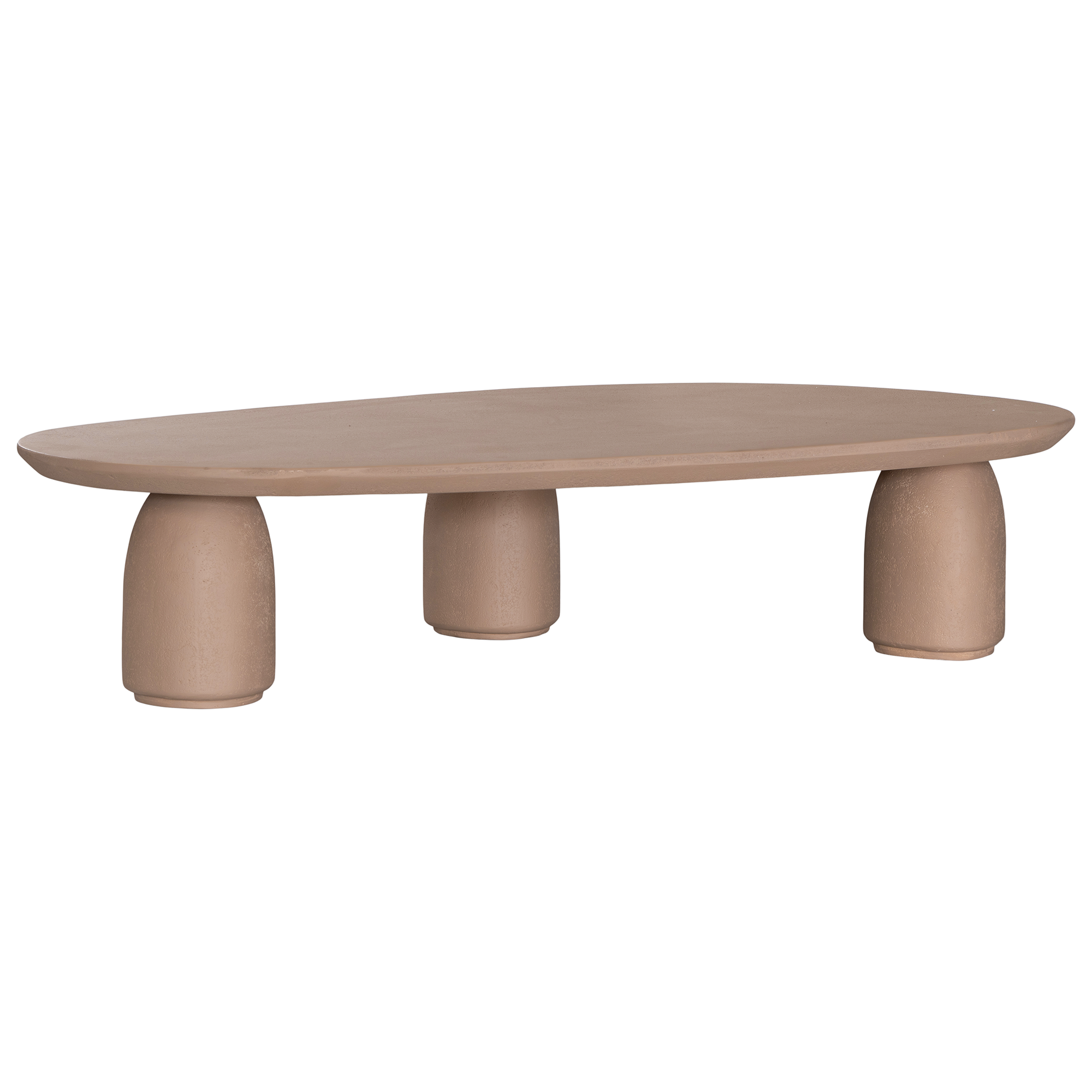 Lantara coffee table large in nomad dune finish with elongated oval top and three rounded sculptural legs.