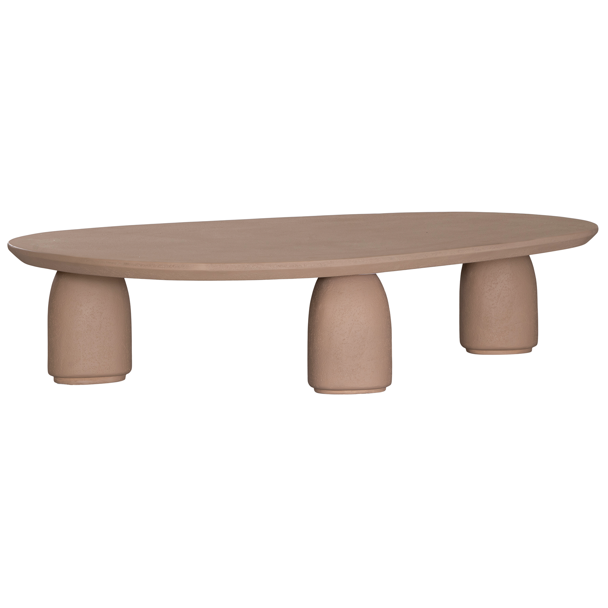 Lantara coffee table large in nomad dune finish with elongated oval top and three rounded sculptural legs.