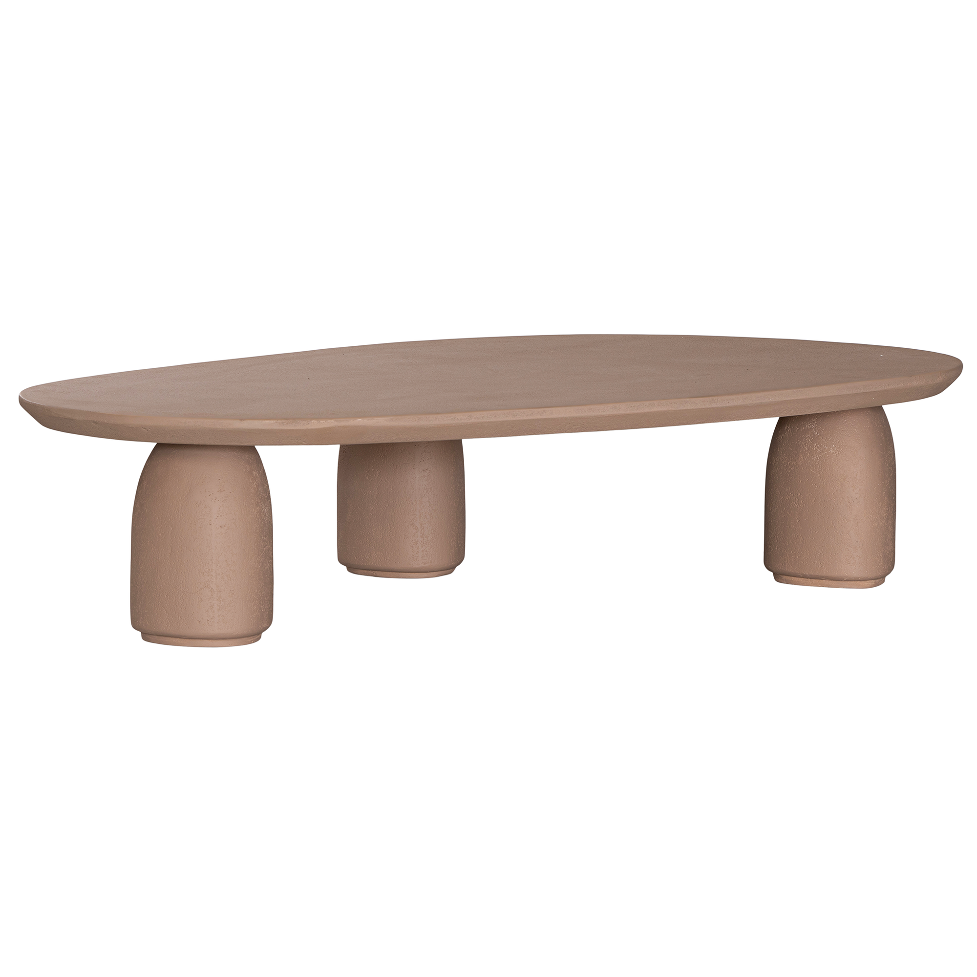 Lantara coffee table large in nomad dune finish with elongated oval top and three rounded sculptural legs.