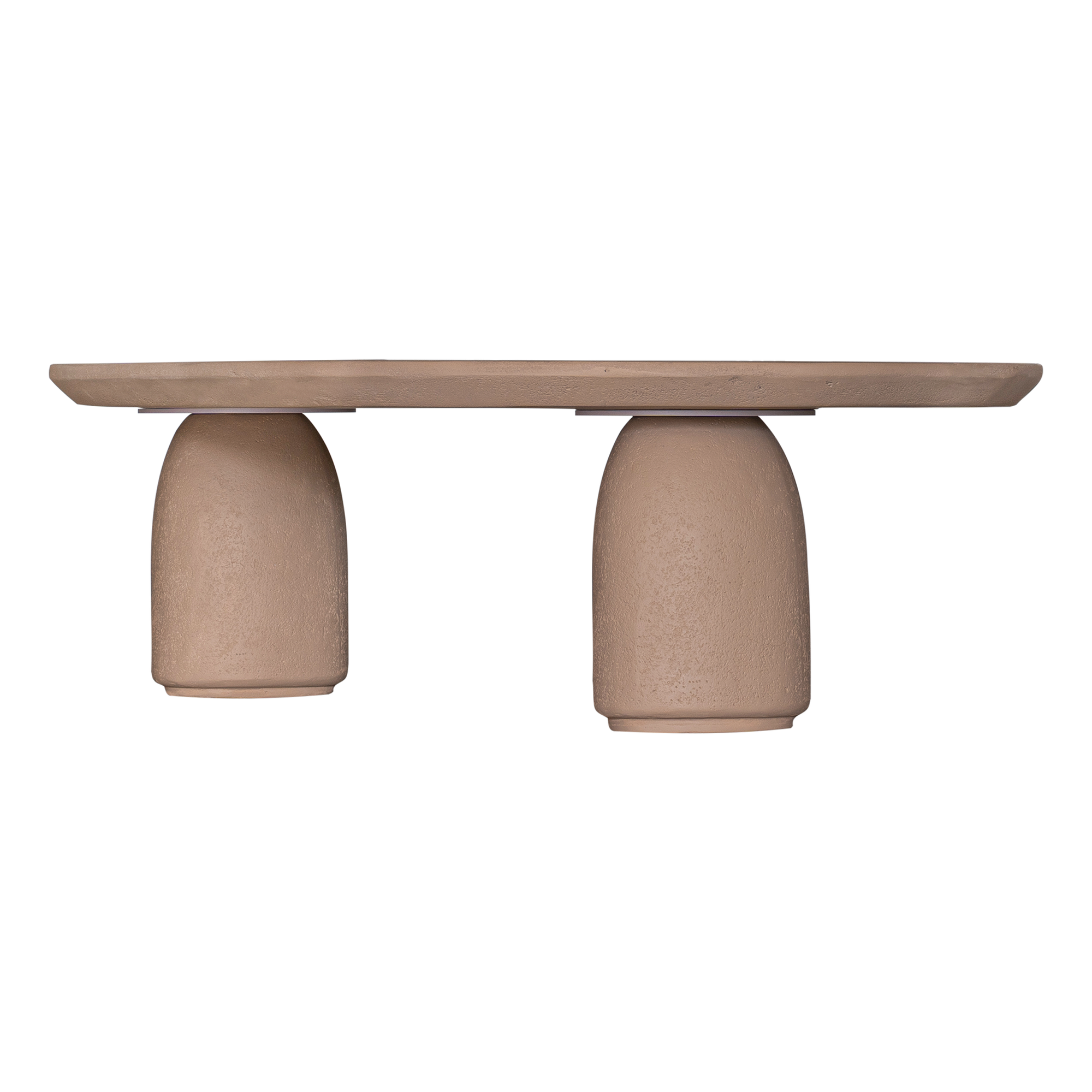 Lantara coffee table large in nomad dune finish with elongated oval top and three rounded sculptural legs.