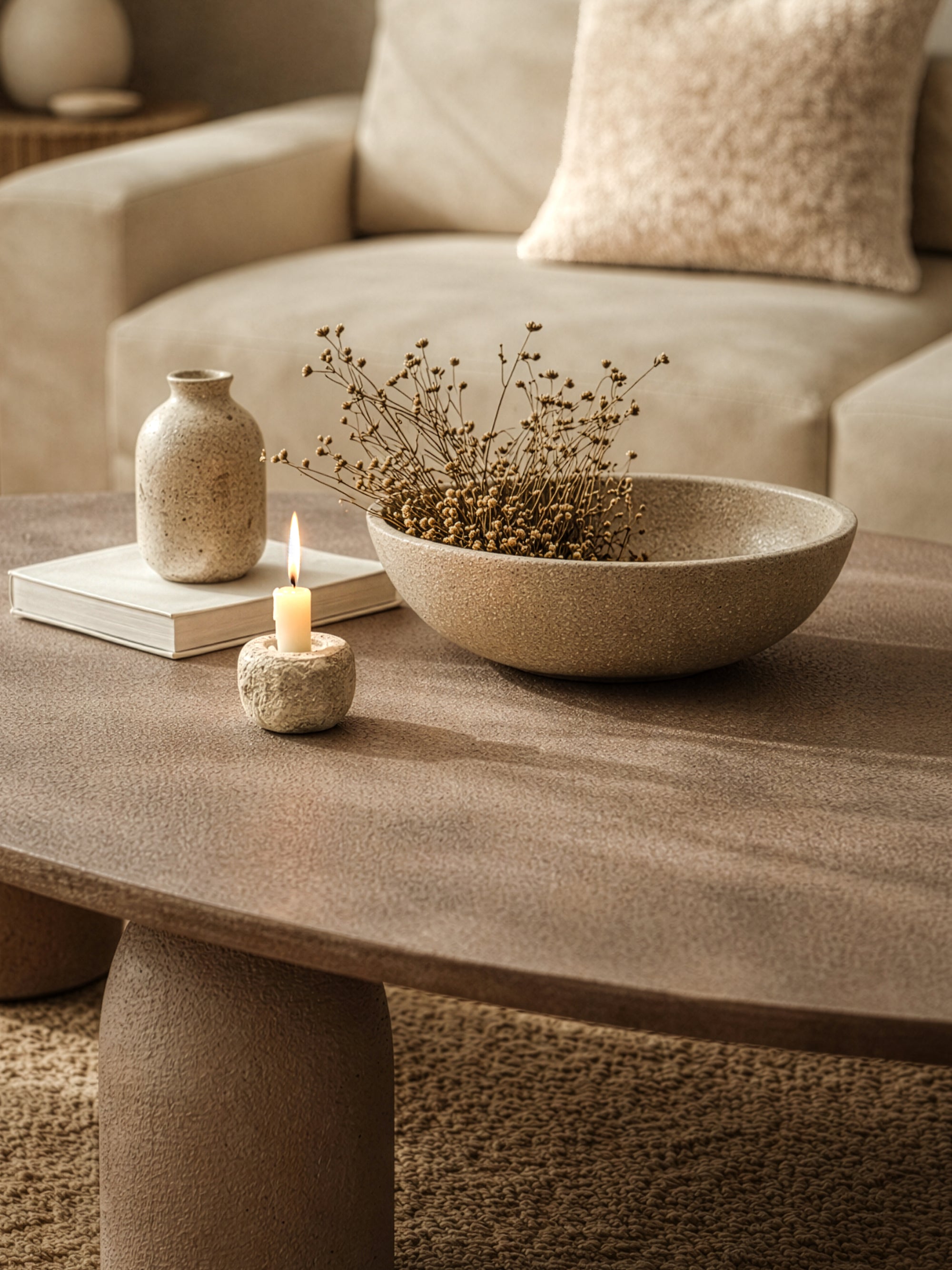 Lantara large coffee table in nomad dune styled in a warm neutral living room with textured rug and soft sofa backdrop.