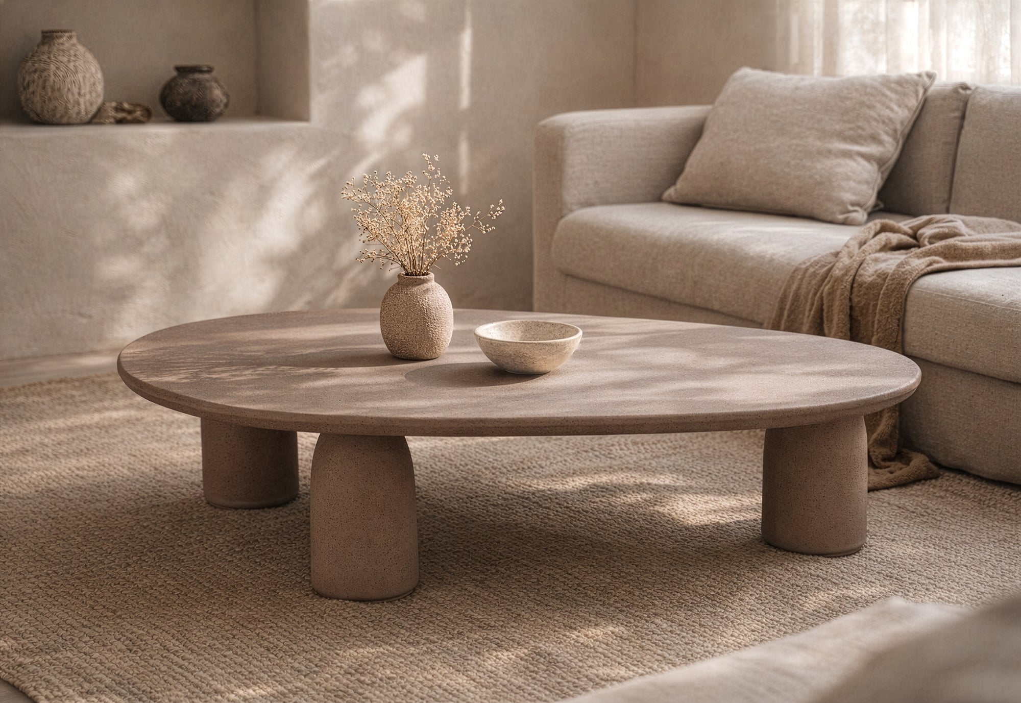 Lantara large coffee table in nomad dune styled in a warm neutral living room with textured rug and soft sofa backdrop.
