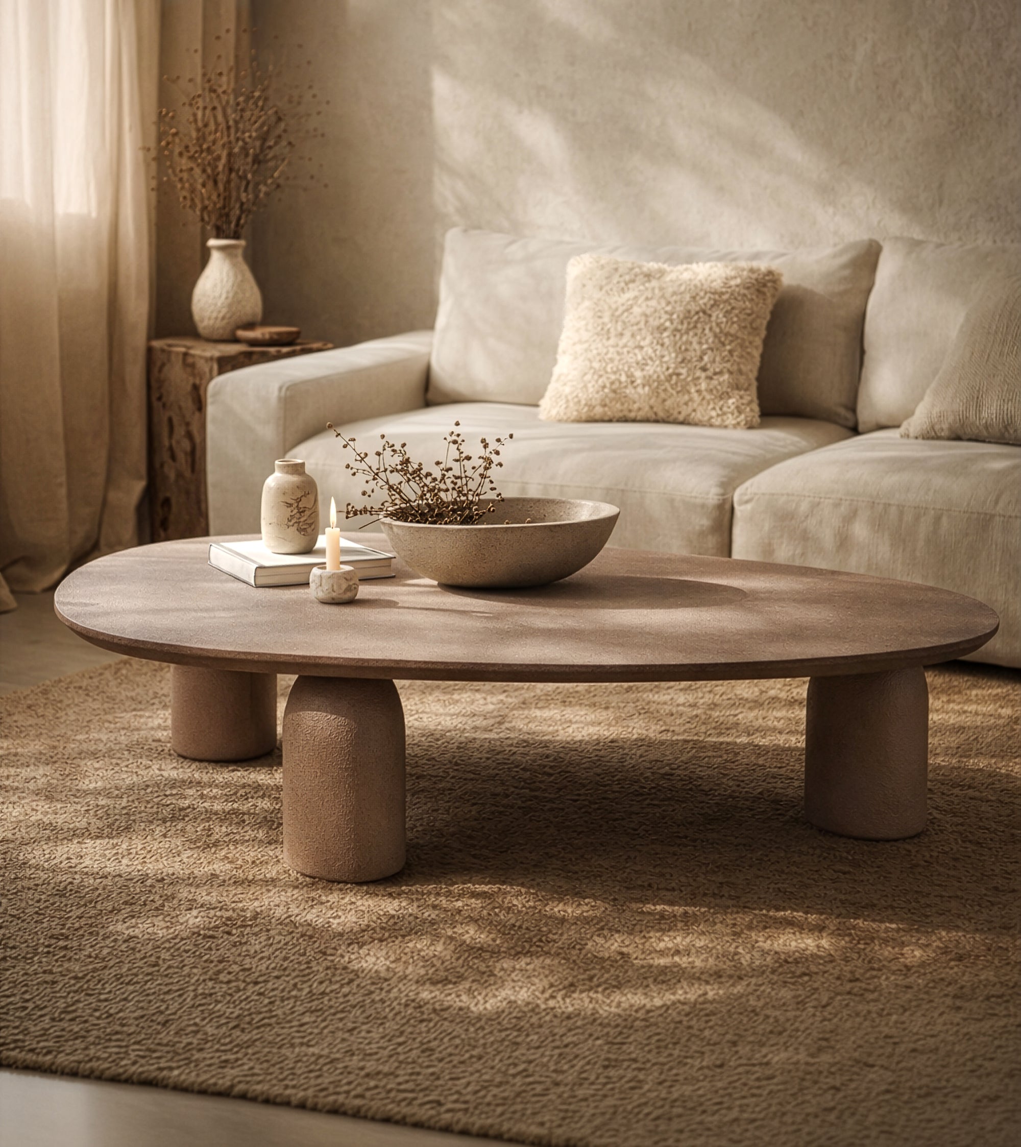 Lantara large coffee table in nomad dune styled in a warm neutral living room with textured rug and soft sofa backdrop.