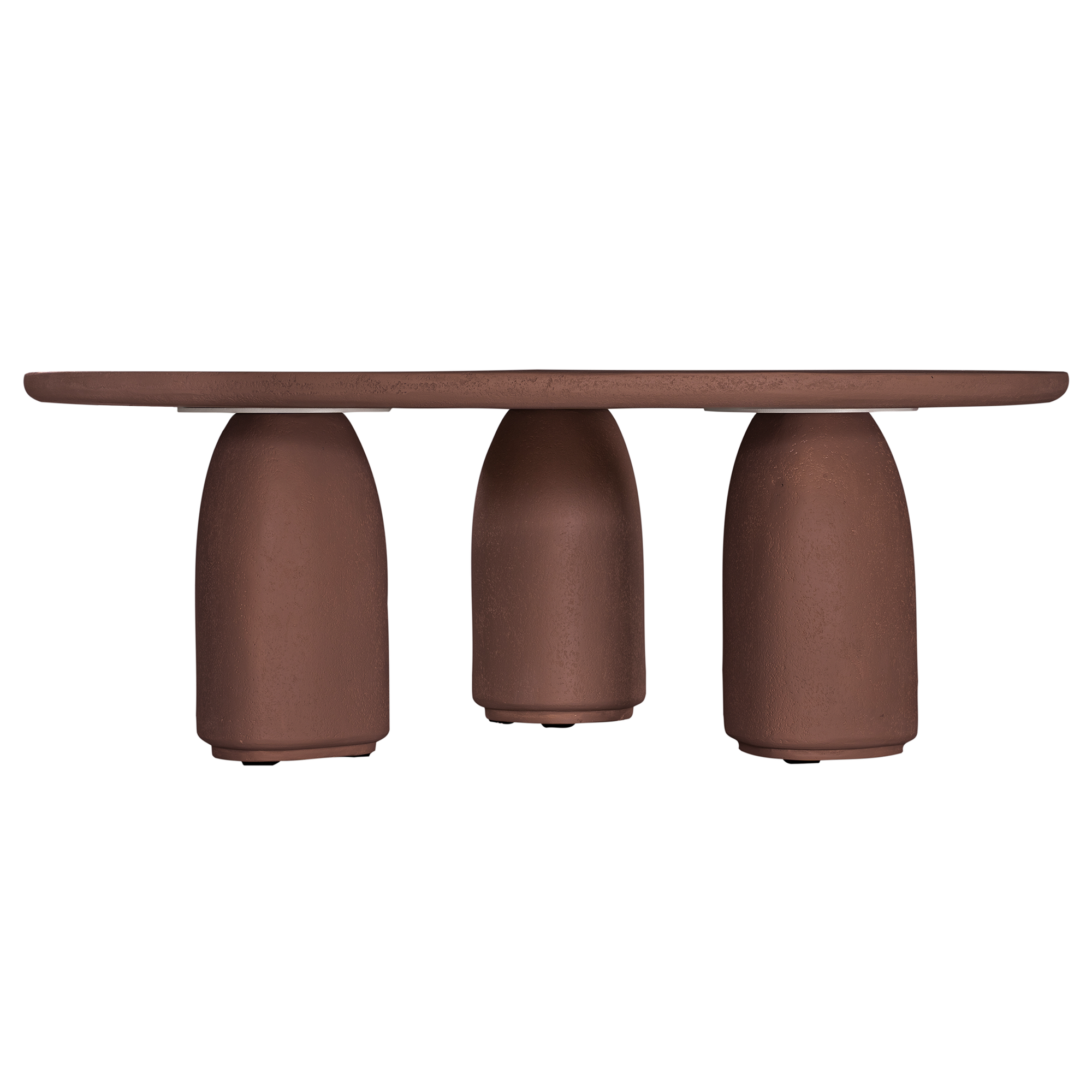 Lantara coffee table in cinnabar clay finish with rounded top and three rounded sculptural legs.