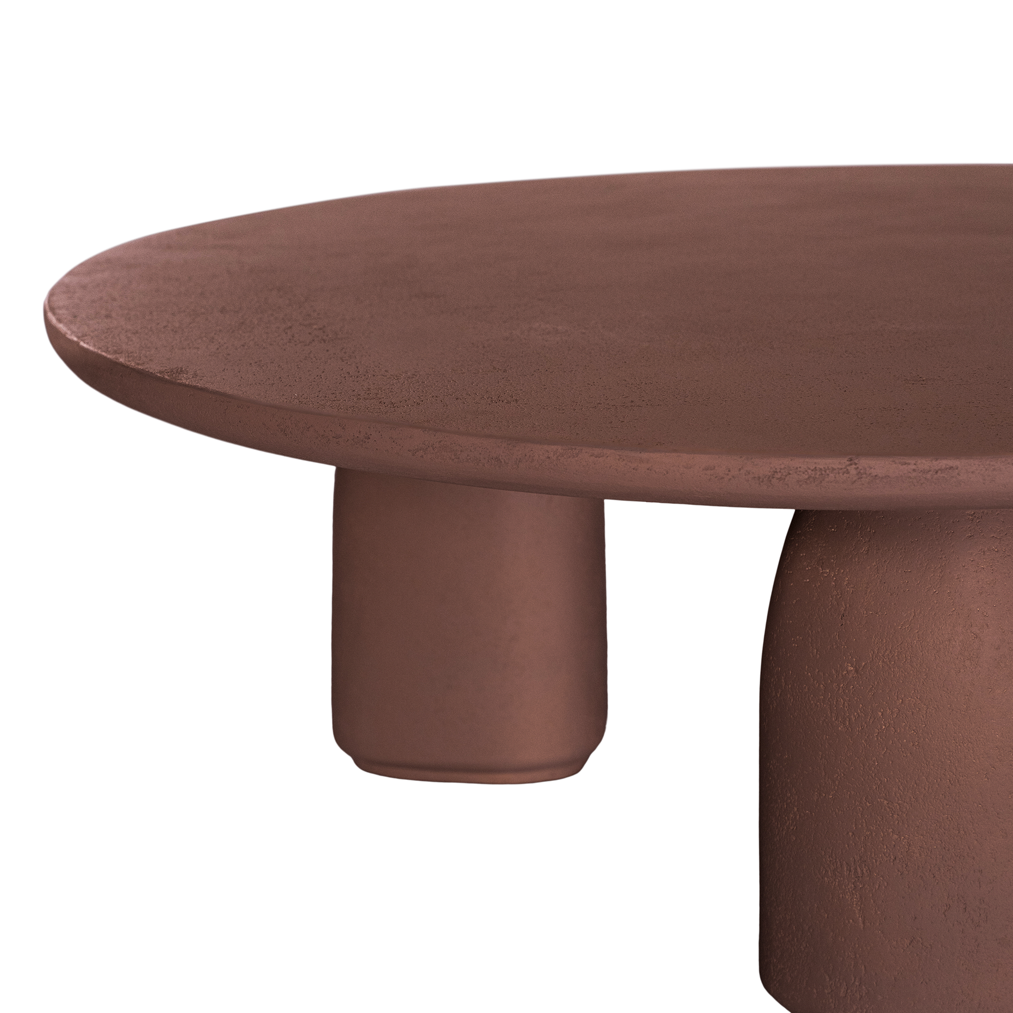 Lantara coffee table in cinnabar clay finish with rounded top and three rounded sculptural legs.