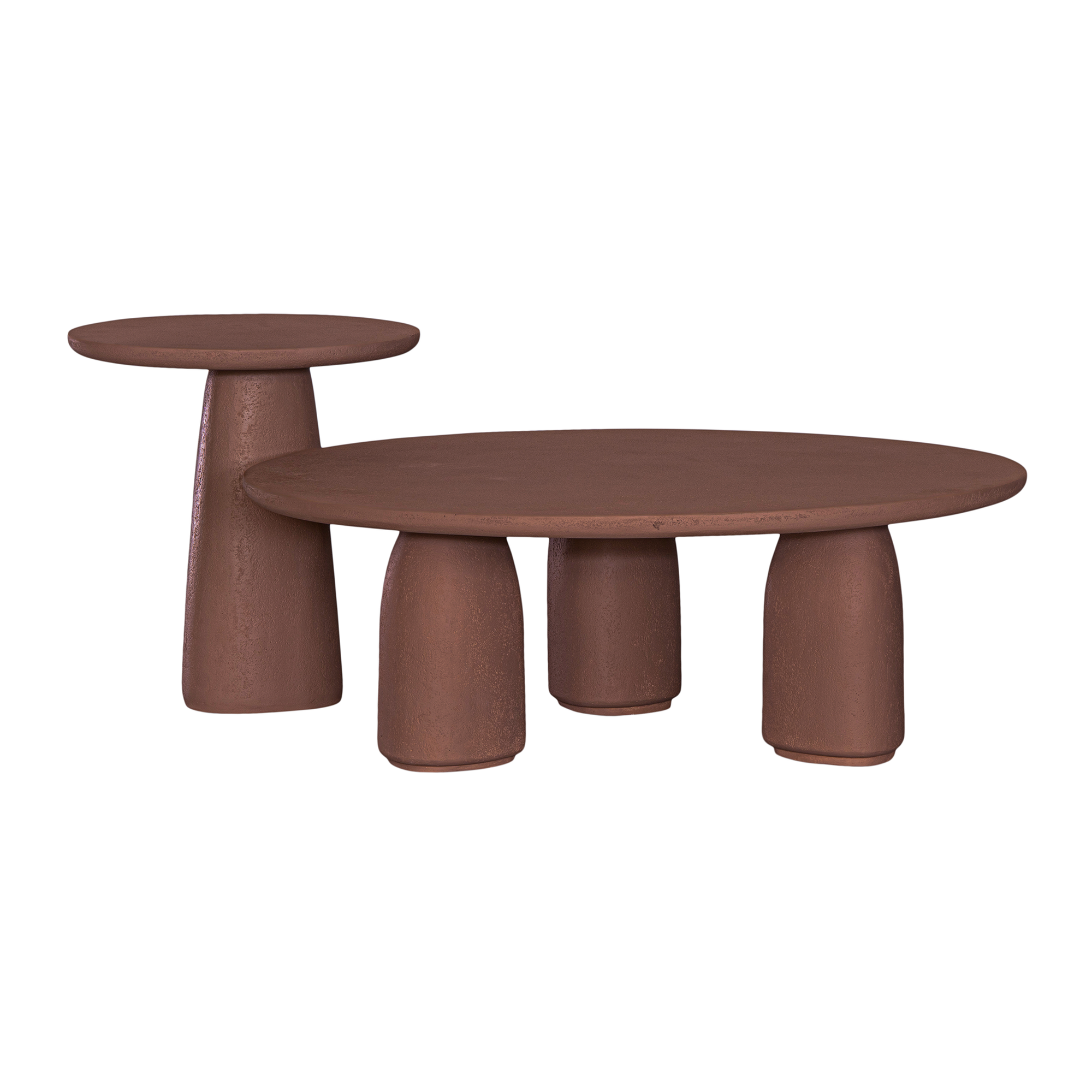 Lantara coffee table in cinnabar clay finish with rounded top and three rounded sculptural legs.
