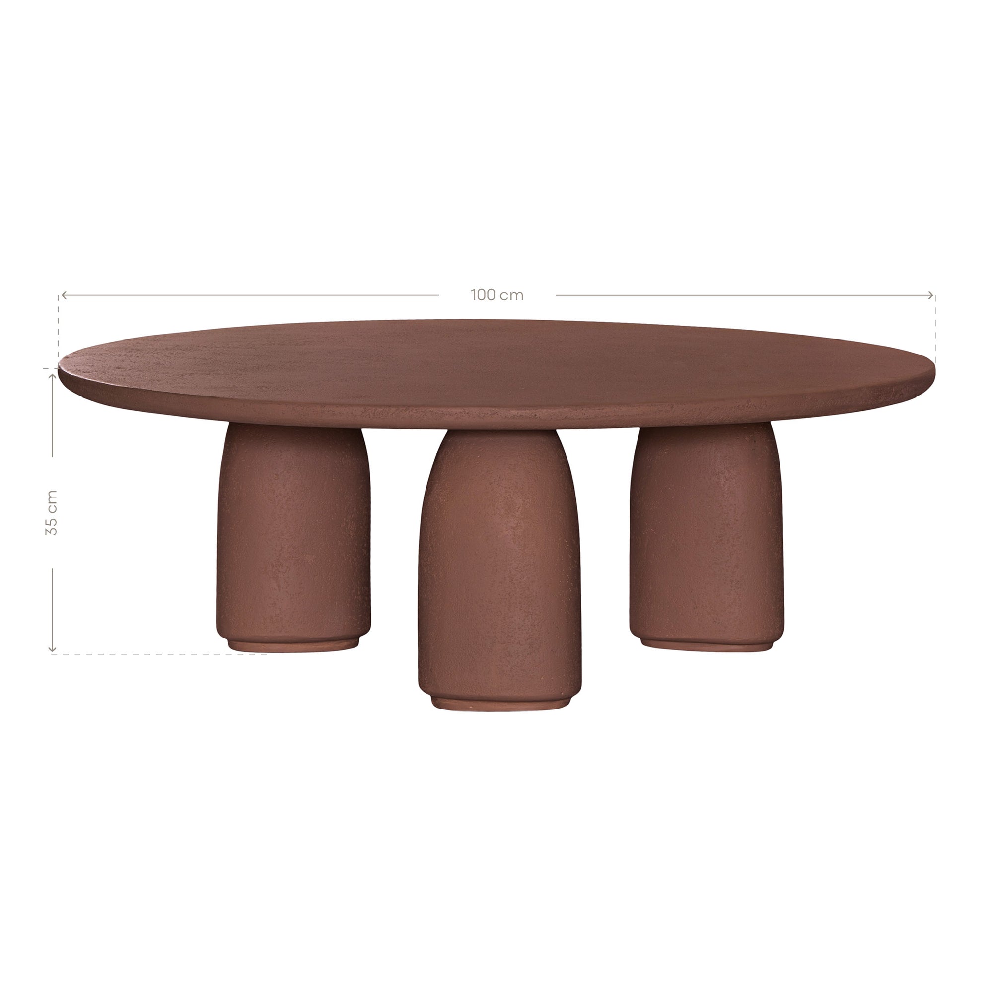 Lantara coffee table in cinnabar clay finish with rounded top and three rounded sculptural legs.