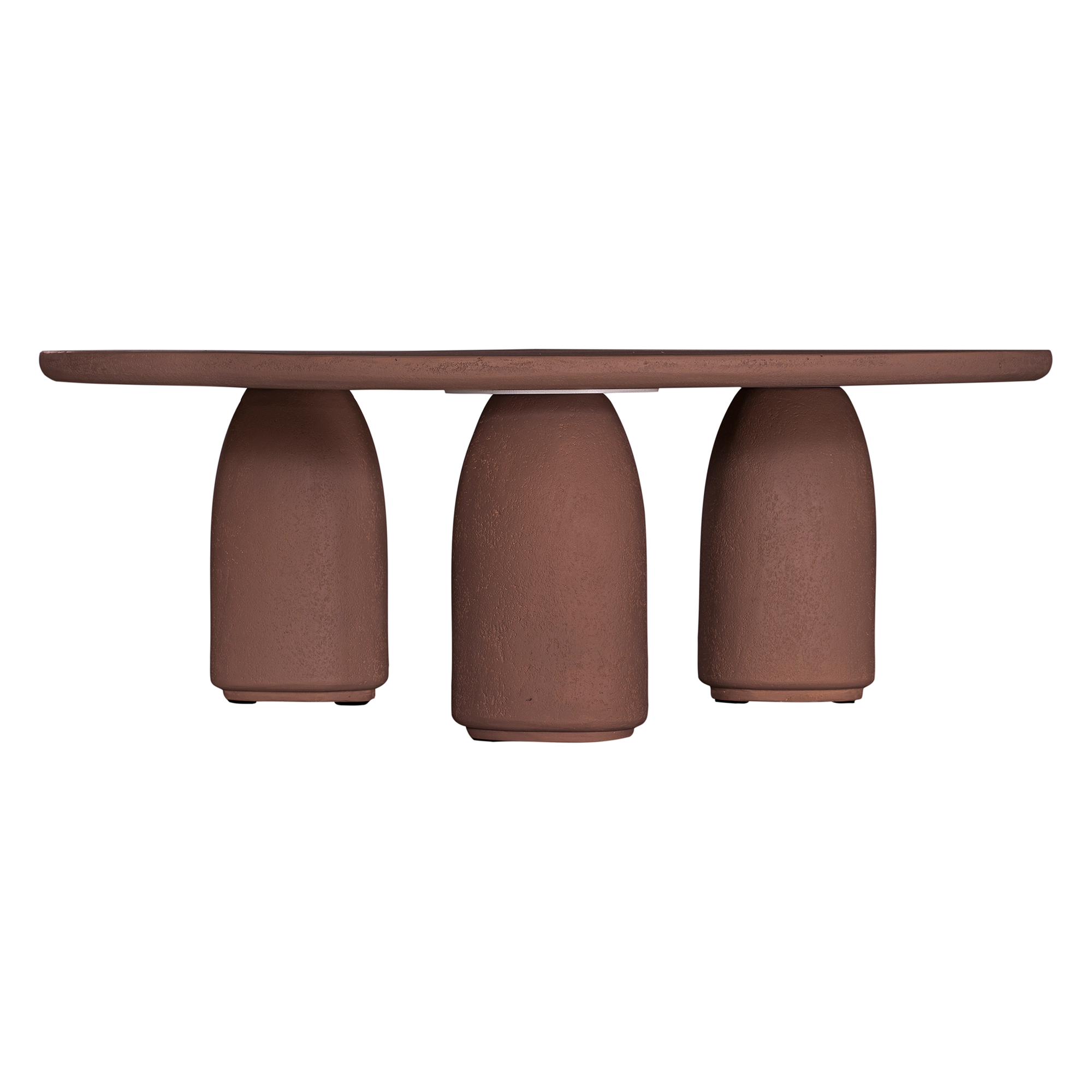 Lantara coffee table in cinnabar clay finish with rounded top and three rounded sculptural legs.