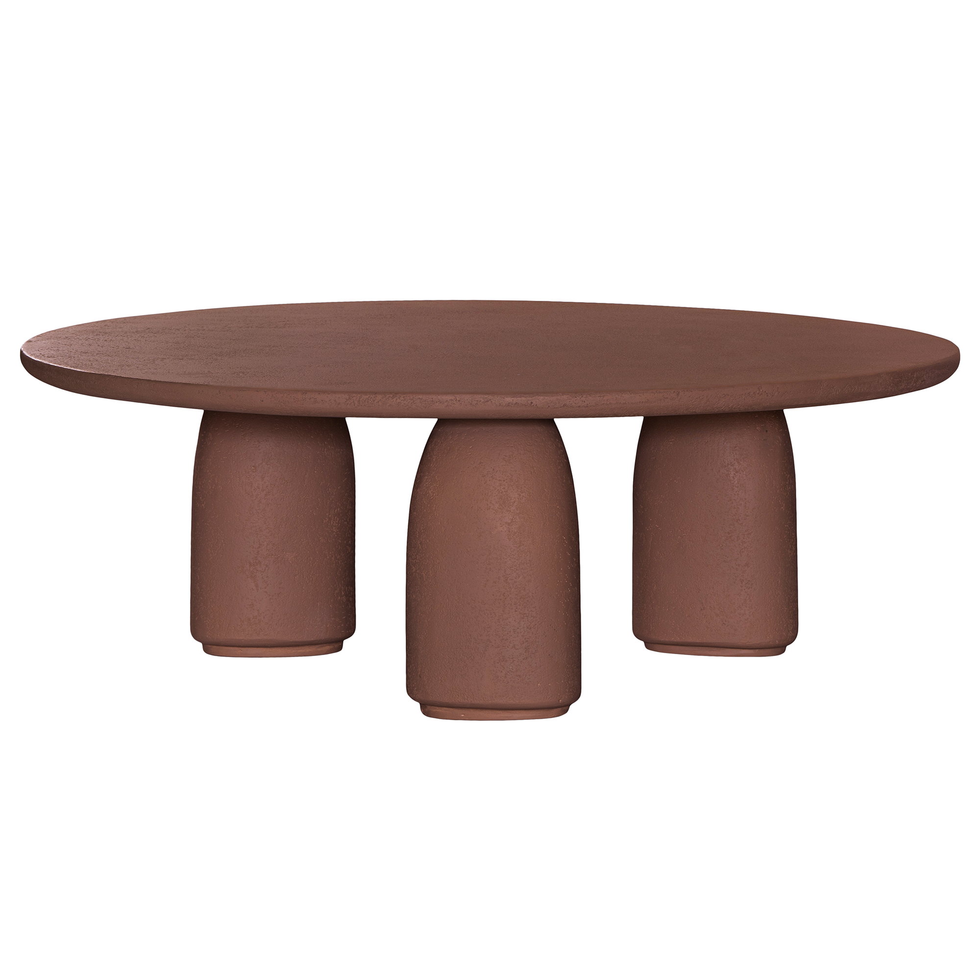 Lantara coffee table in cinnabar clay finish with rounded top and three rounded sculptural legs.